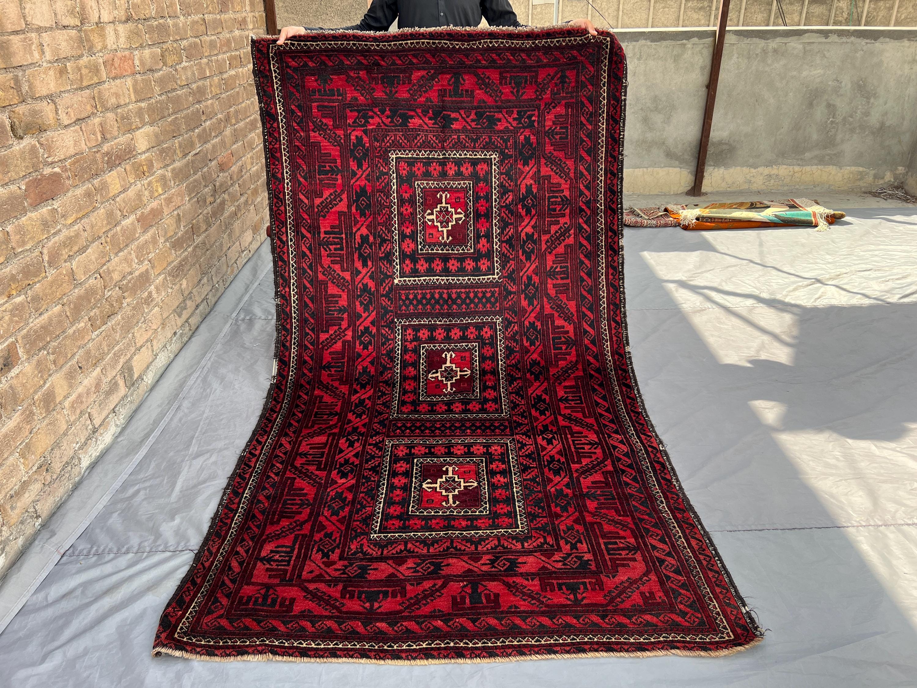 4.4x8 ft Afghan Baluchi Rug | Antique Hand Knotted Tribal Wool Carpet | Geometric Nomadic Area Rug | Vintage Boho Floor Decor, Bedroom rug