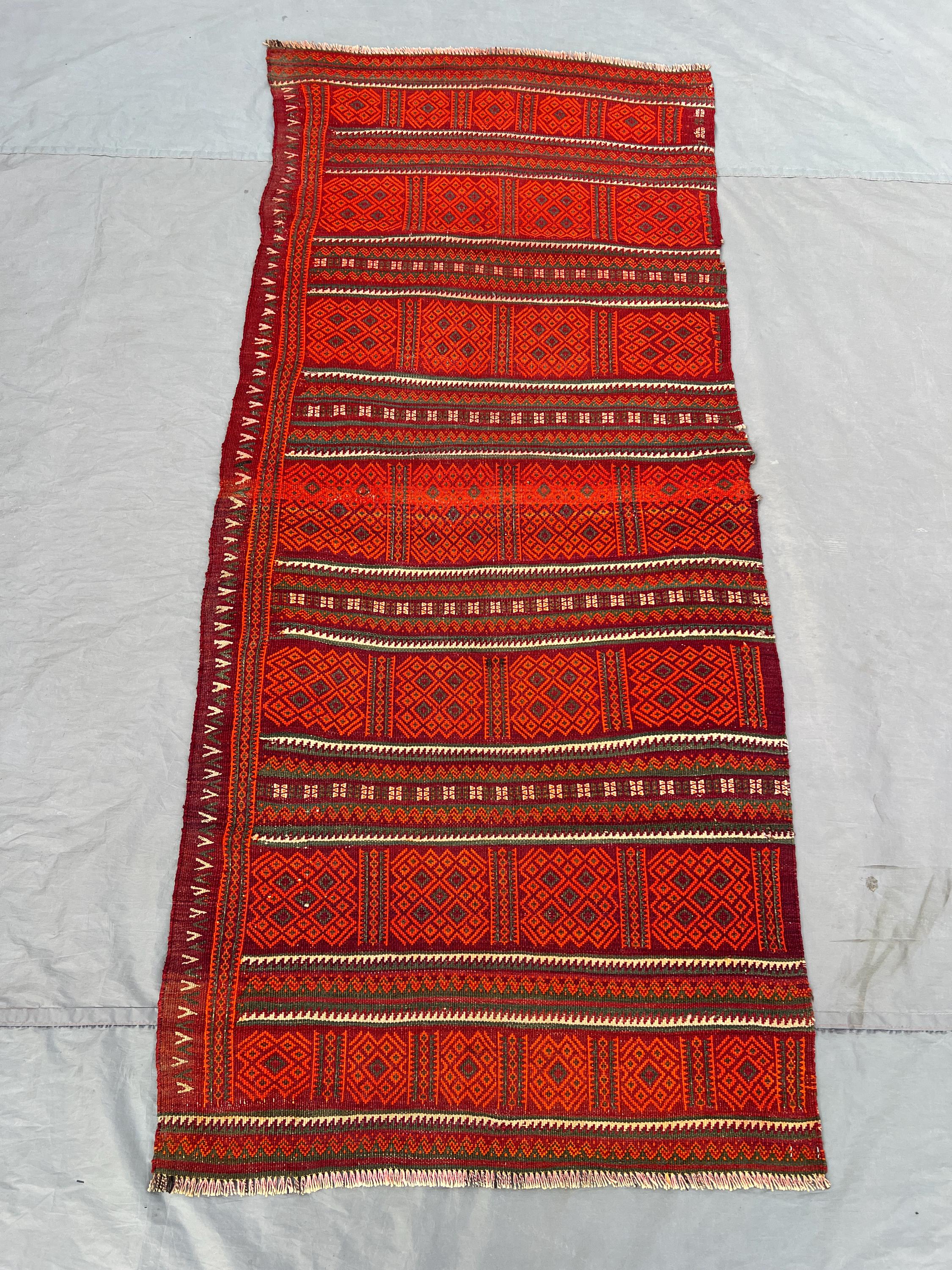 Red 2’8 x 6’3 ft Afghan Hand Woven Kilim Flat Weave Vintage Tribal Runner Rug Geometric Red Wool Hallway Entryway Decor One Of A Kind