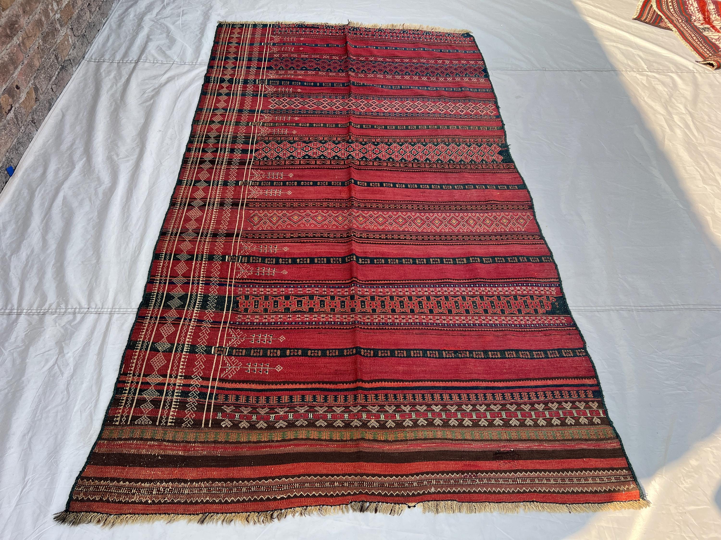 4'7x8'4 Antique Afghan Kilim Handwoven Wool Flatweave All-Over Embroidered Stripe Diamond Deep Red Dark Green Ivory Area Rug | Living Room