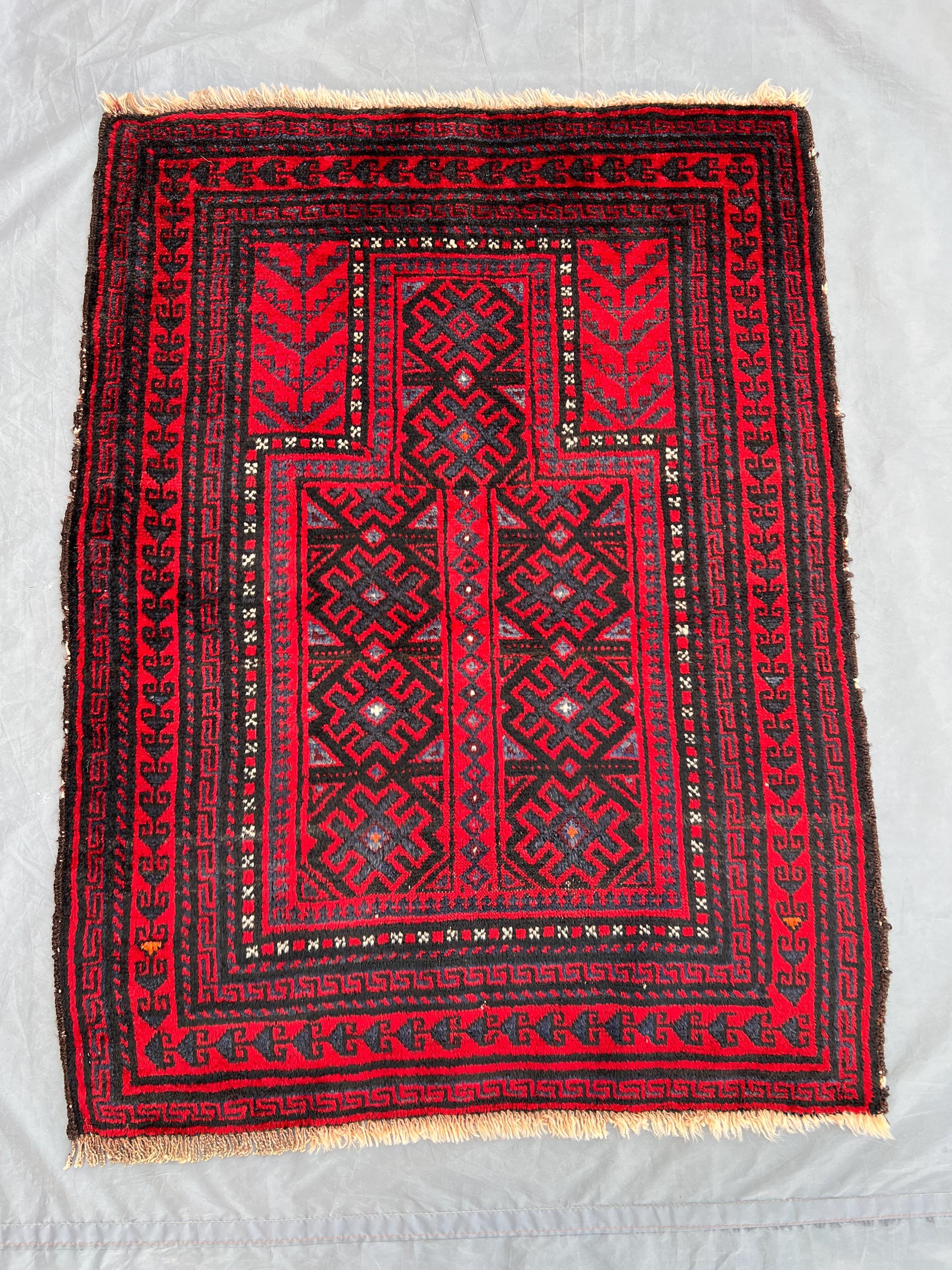 Vintage Afghan Prayer Rug | 2.9x3.6 ft Hand-Knotted Wool Carpet | Red Tribal Islamic Rug | Small Area Decor | 