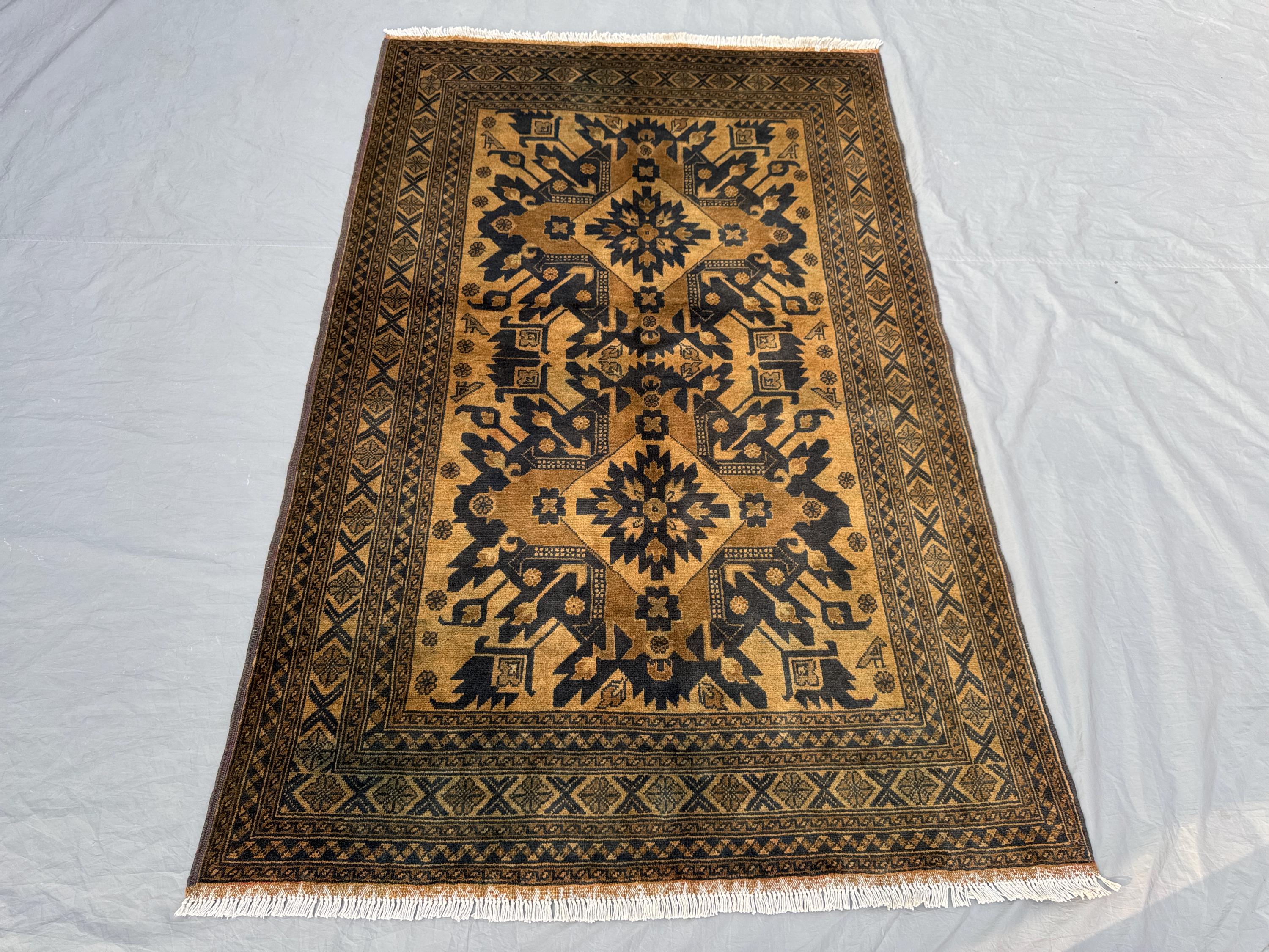 4 x 7 ft Afghan Hand Knotted Vintage Soft Pile One of a Kind Turkoman Bokhara Design Rug | Living room & Bedro