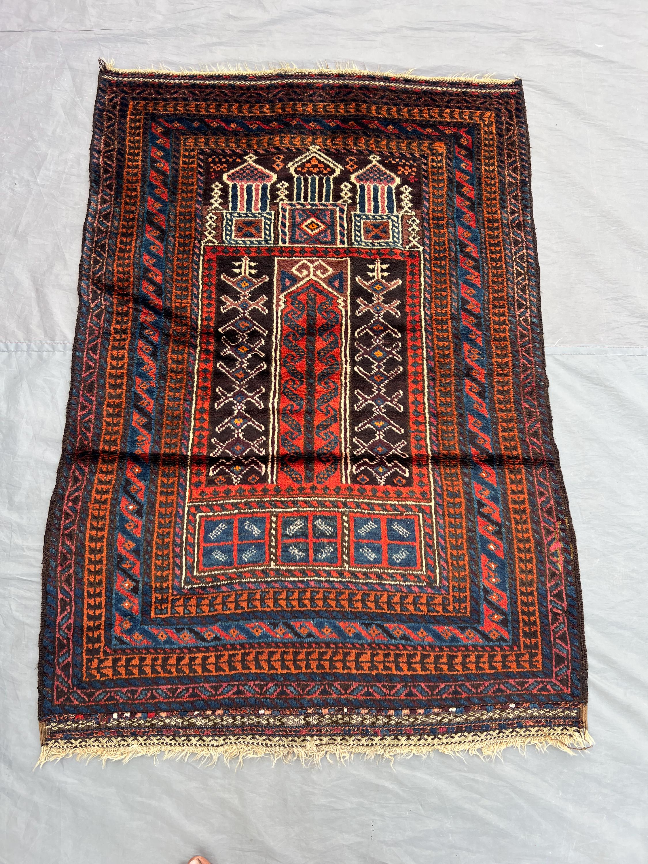 3 x 5 ft Afghan Hand Knotted Vintage Balochi Rug Red Brown Blue Tribal Prayer Design Soft Wool One Of A Kind Traditional rug