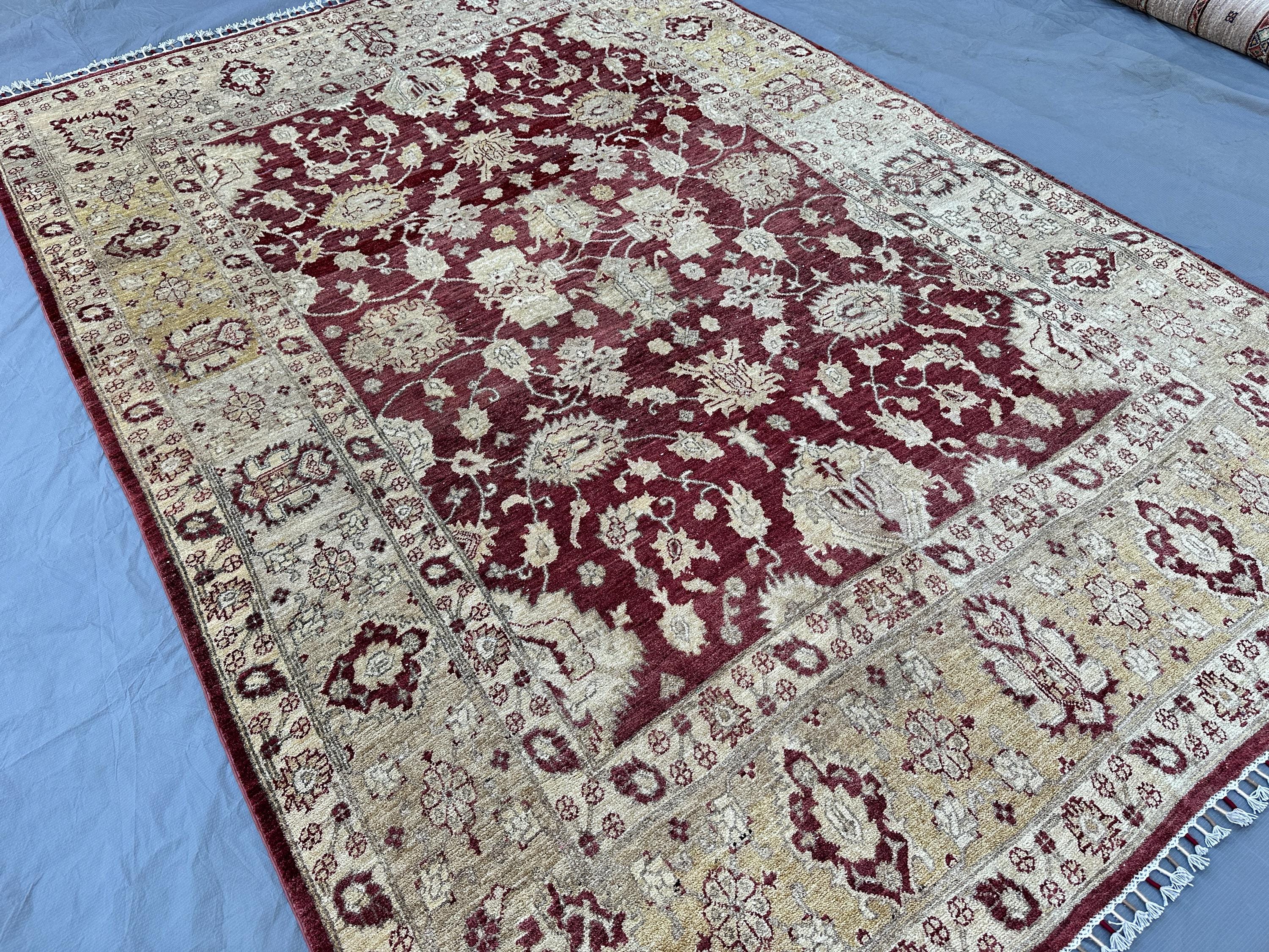 7x10, Burgundy Wool Chobi Rug, Hand Knotted Floral Carpet Afghan Ziegler Area Rug Living Room Rug