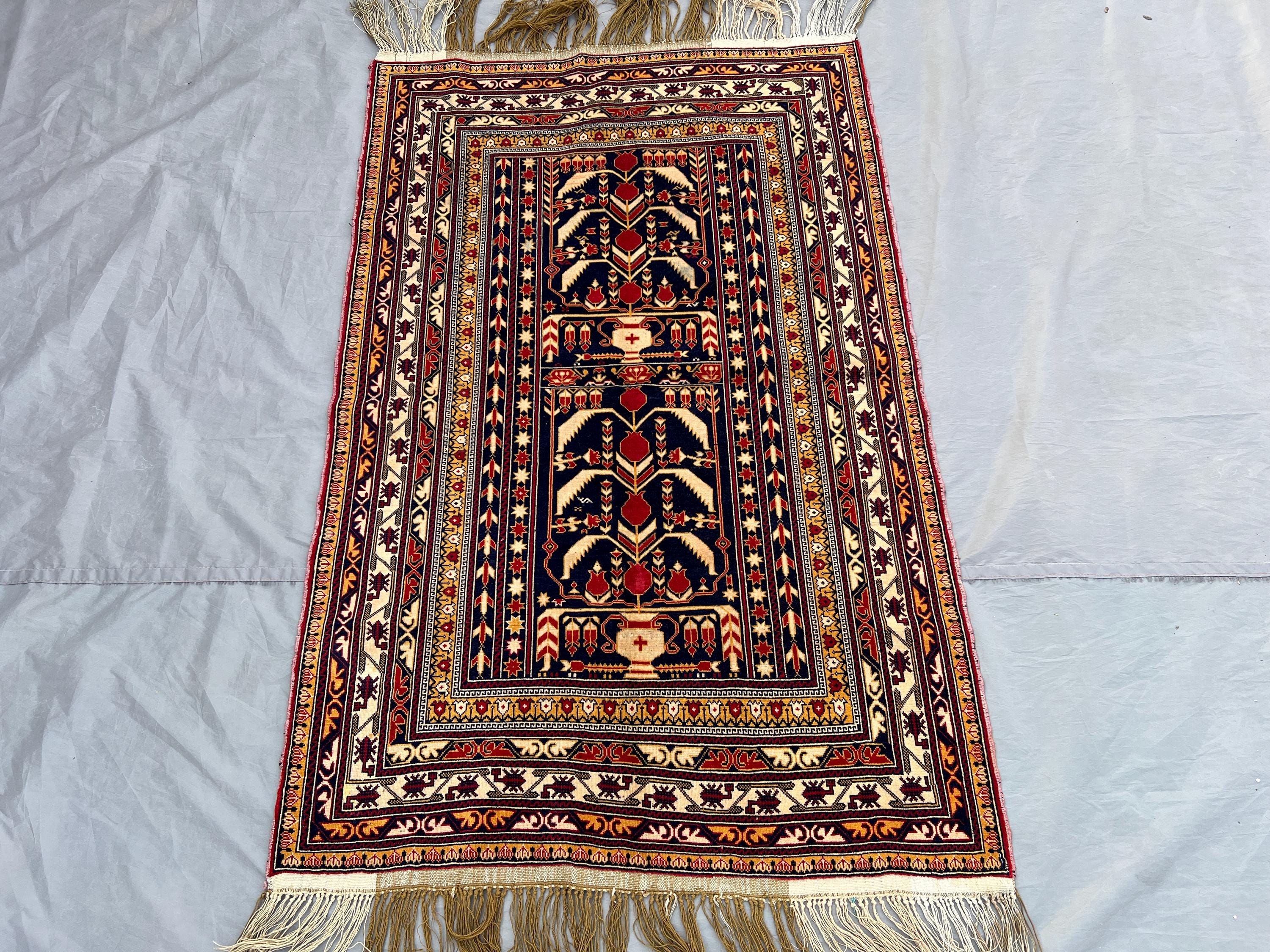 Antique Afghan Baluchi Rug 3x4'6 ft | Hand Knotted Wool Tribal Carpet | High Quality Turkmen Pattern | Vintage Nomadic Prayer Rug Decor