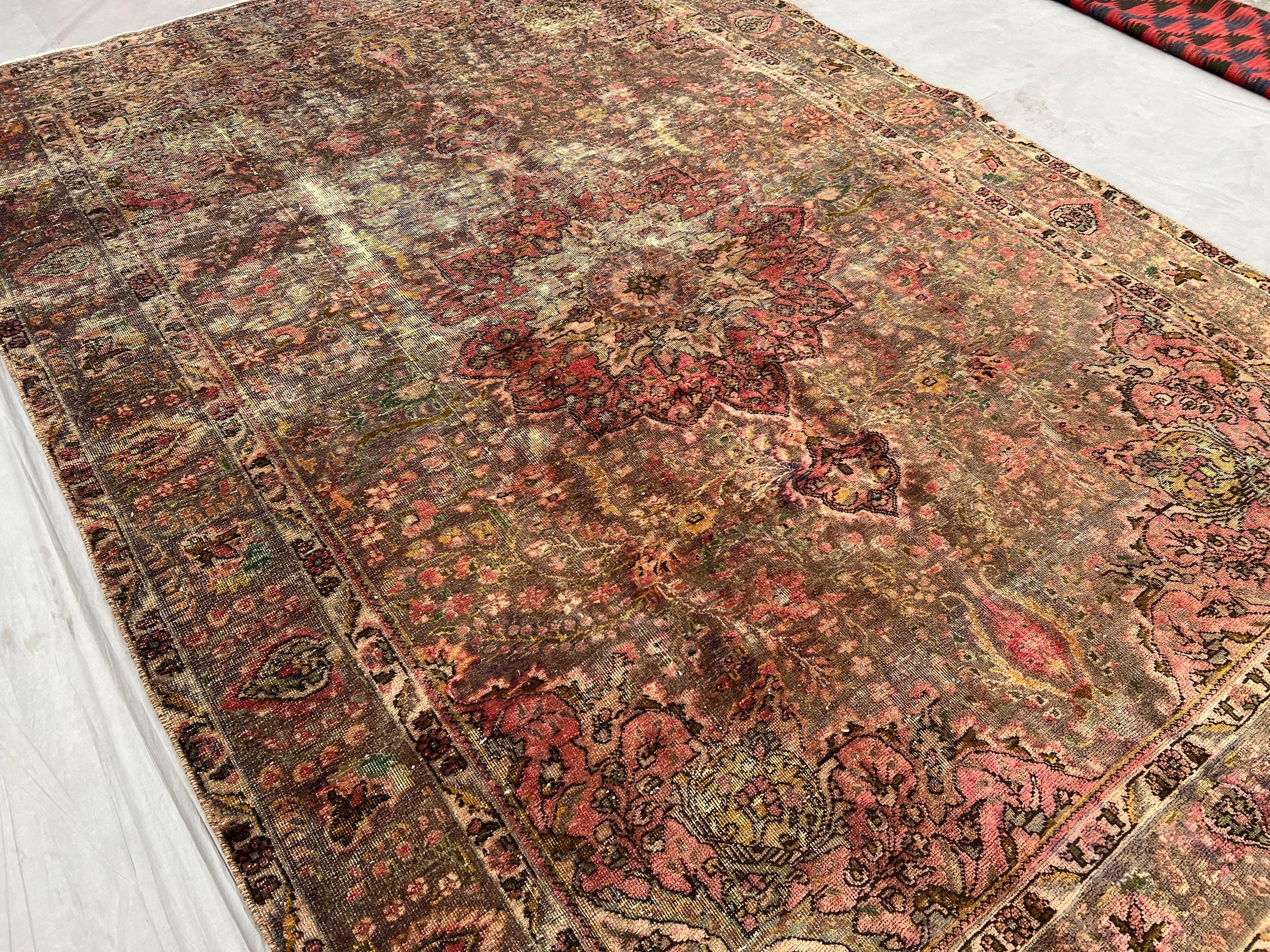 Antique 1900s Turkmen Rug, 6'8 x 9'6 ft, Low Pile, Distressed, Rare Vintage Wool Carpet, Hand-Knotted,Unique Tribal Design,Luxury Home Decor
