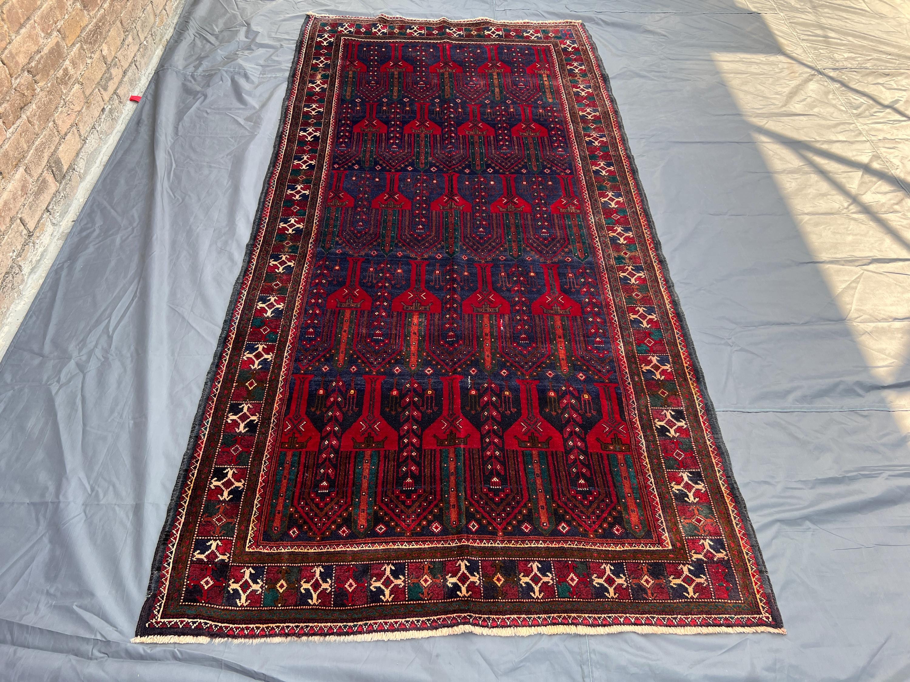 Antique Afghan Rug 4'6x9'2 Ft | Hand Knotted Wool Runner | Deep Red & Navy Tribal Carpet | Long Vintage Corrid