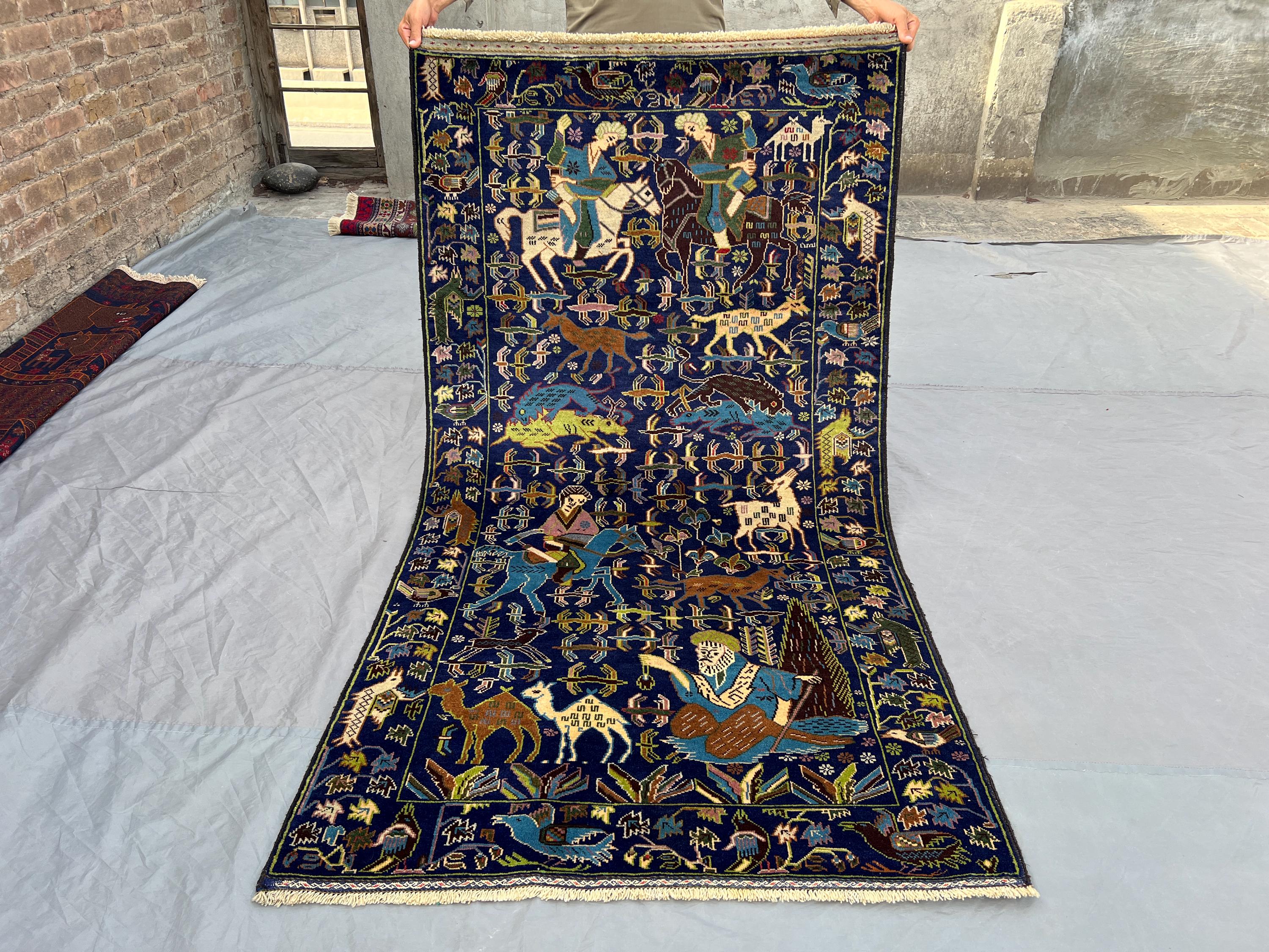 3'6 x 6'7 ft Blue Vintage Afghan Baluchi Pictorial Animal Hunting Rug, Hand-Knotted Tribal Wool Carpet, Soft U