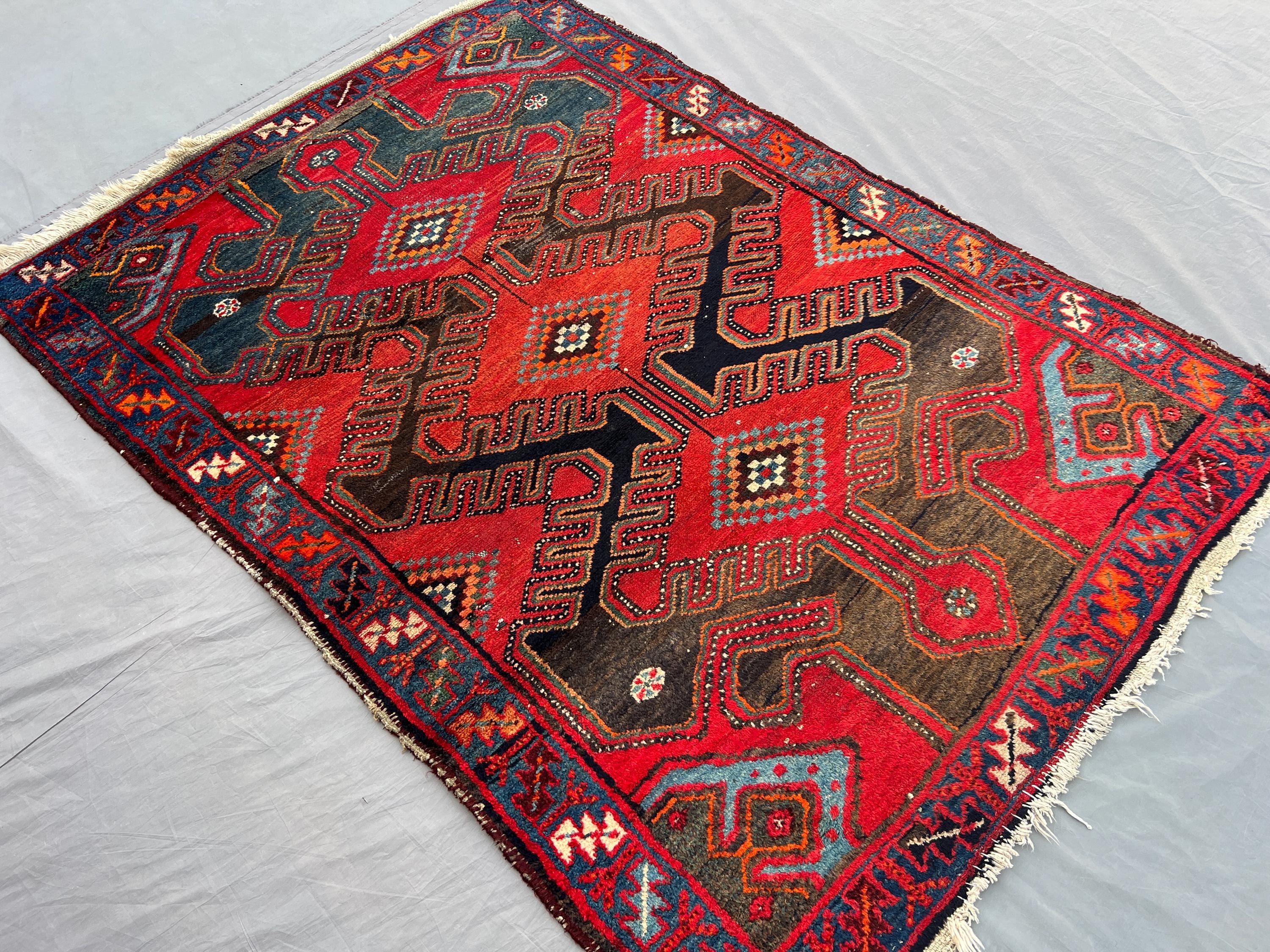 Turkish Tribal Rug 4x5 | Hand Knotted Wool Carpet | Caucasian Style Medallion Design | Rustic Boho Wool Area Rug | Nomadic Home Decor