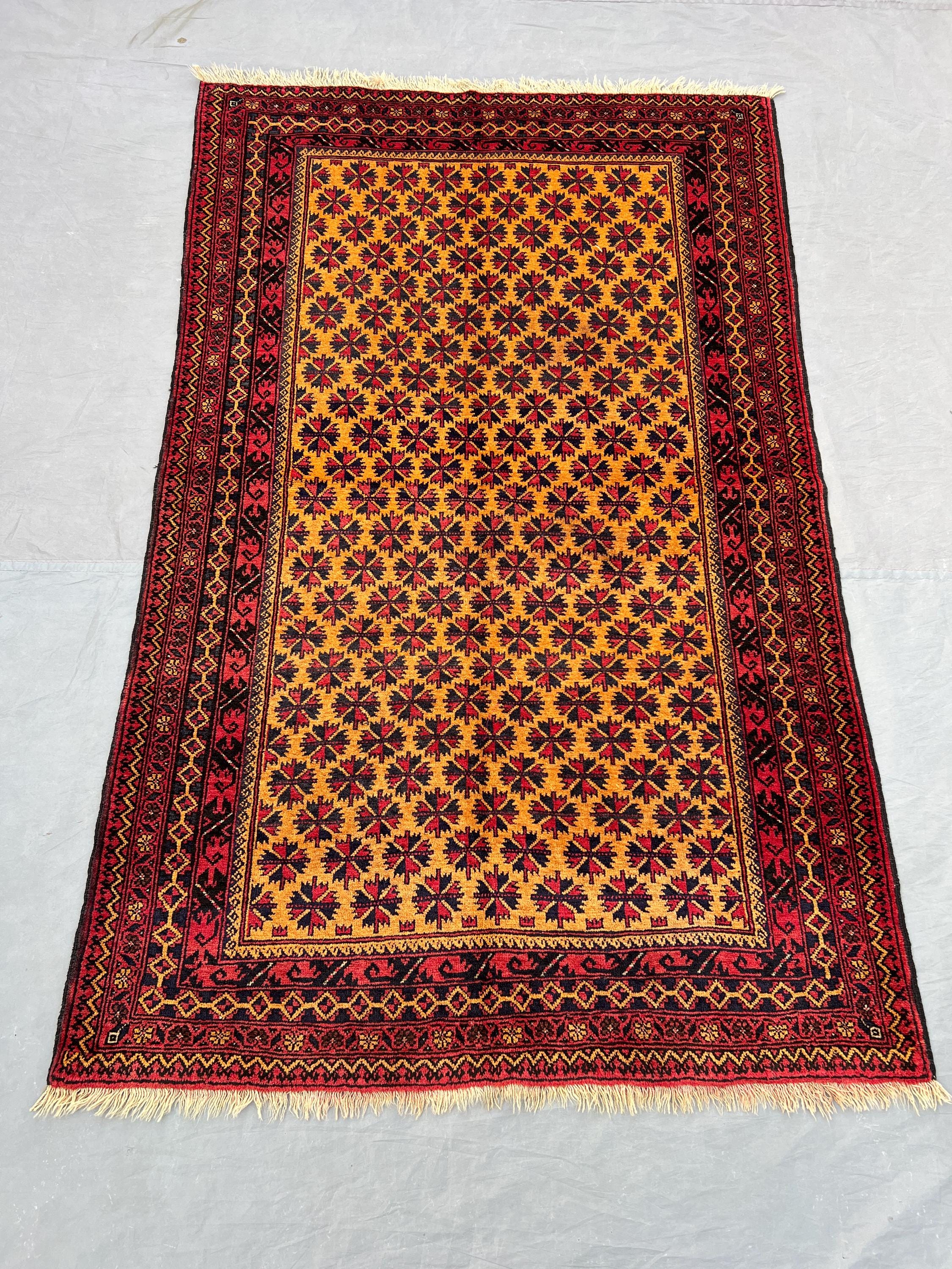 Red 4x6'4 Ft Hand-Knotted Turkmani Vintage Rug, Balochi Design, Oriental Soft Wool Rug, Traditional Wool Rug, Unique Home Decor Piece