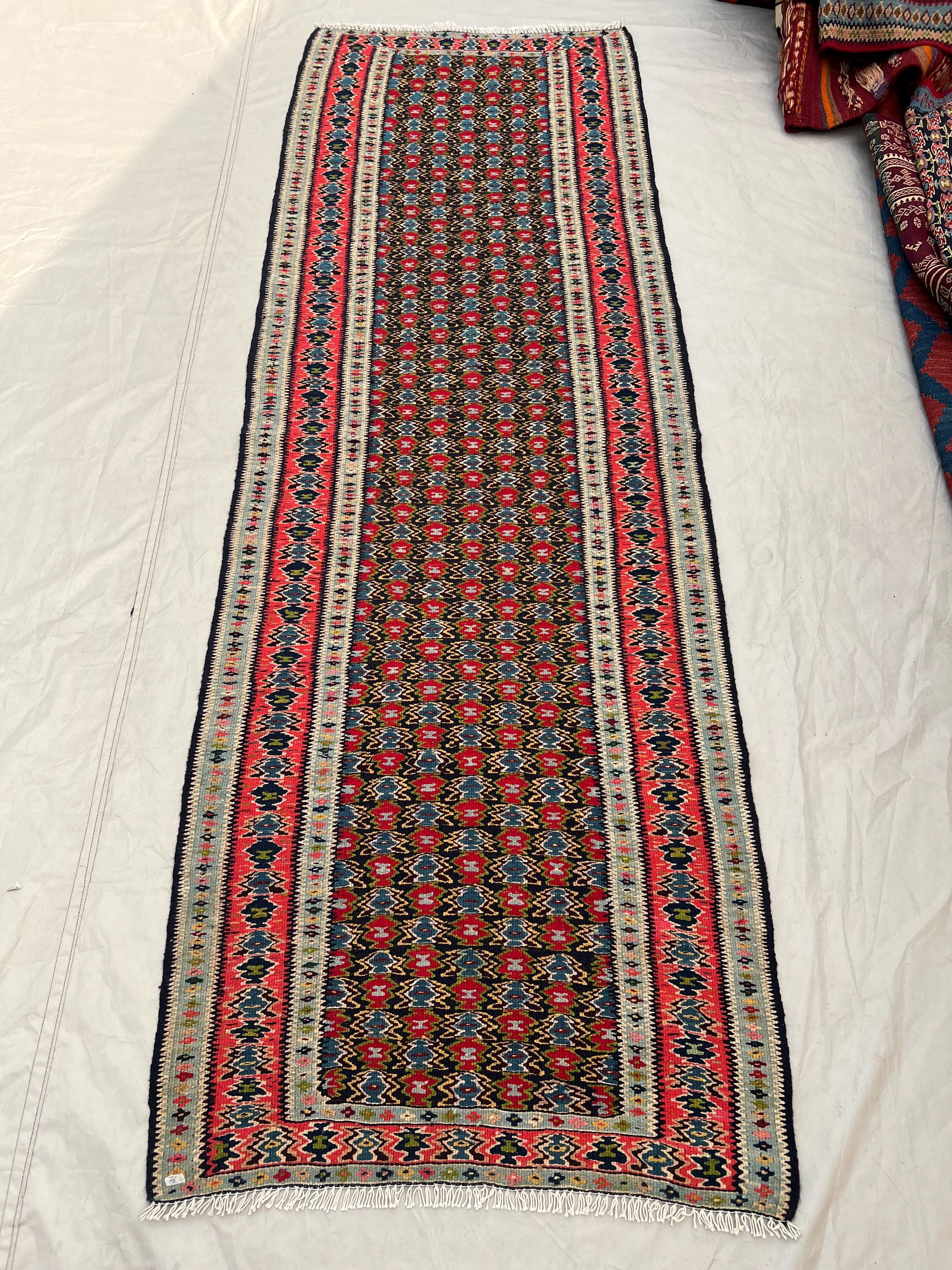 2'6x7'7 Vintage Afghan Kilim Handwoven Wool Flatweave All-Over Diamond Hourglass Dark Olive Red Teal Ivory Runner | Hallway Entryway Kitchen