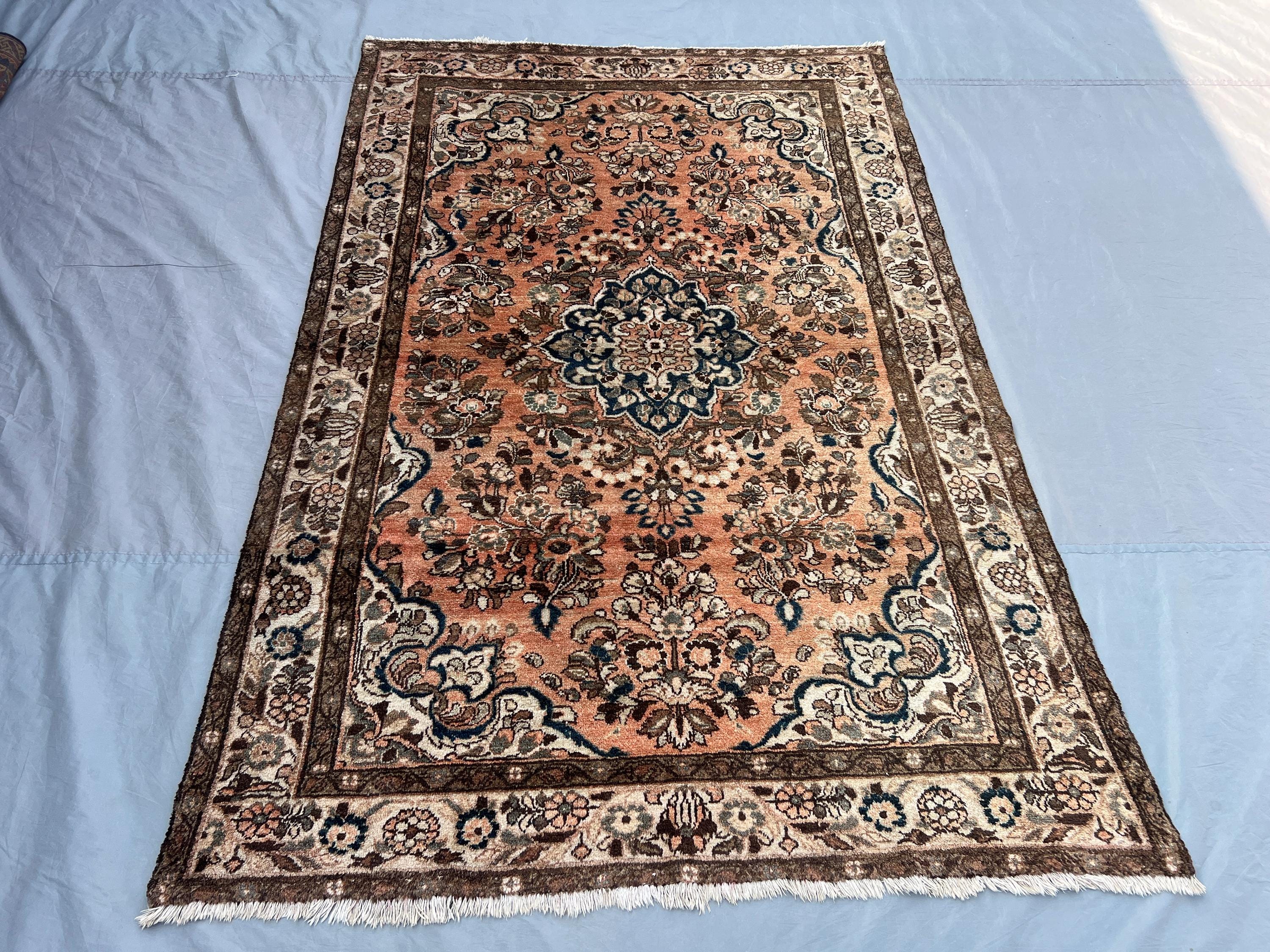 5 x 7 Afghan Hand Knotted Vintage Terracotta Faded Floral Medallion Rug Distressed Balochi Design Unique | living room, study room decor rug