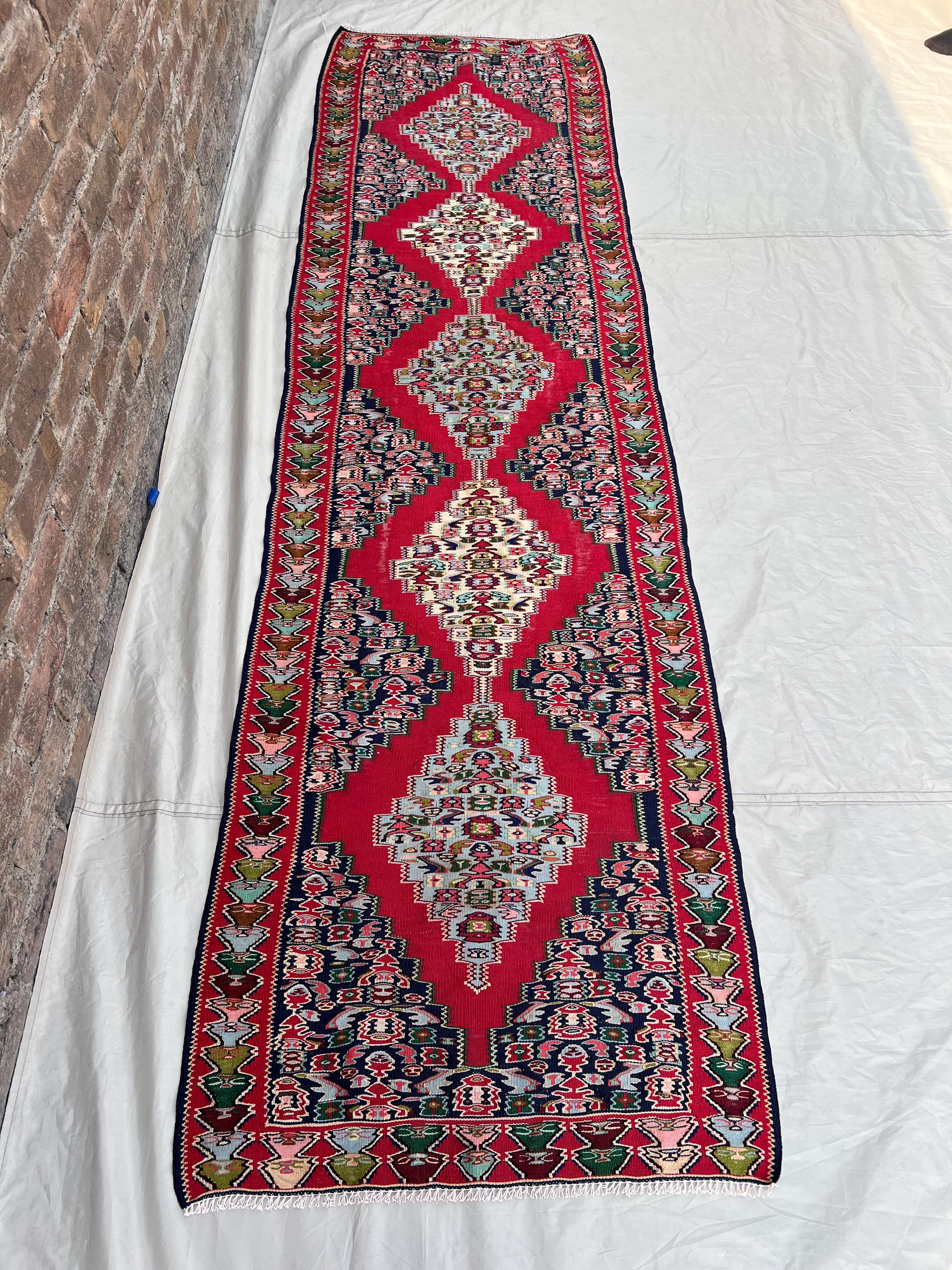 Vintage Afghan Kilim Flatweave Rug - 2'8" x 9'8" - Handwoven 100% Wool, Rich Red, Traditional Design Tribal Wo