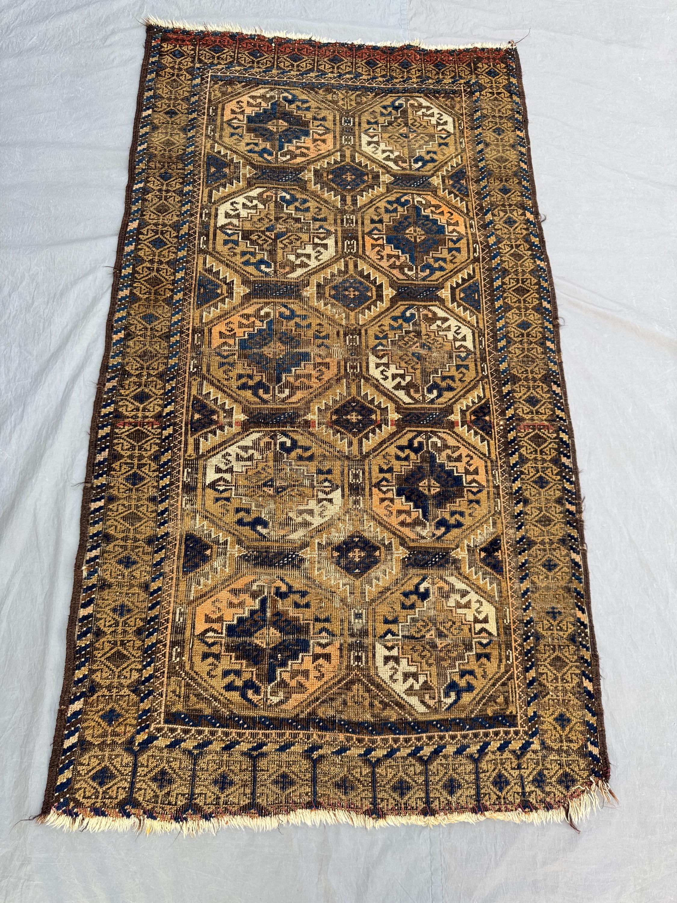 Afghan Hand-Knotted Vintage Rug Low Pile Distressed Turkish-Inspired Caucasian Design 3 x 6 ft One-of-a-Kind Luxury Boho Decor
