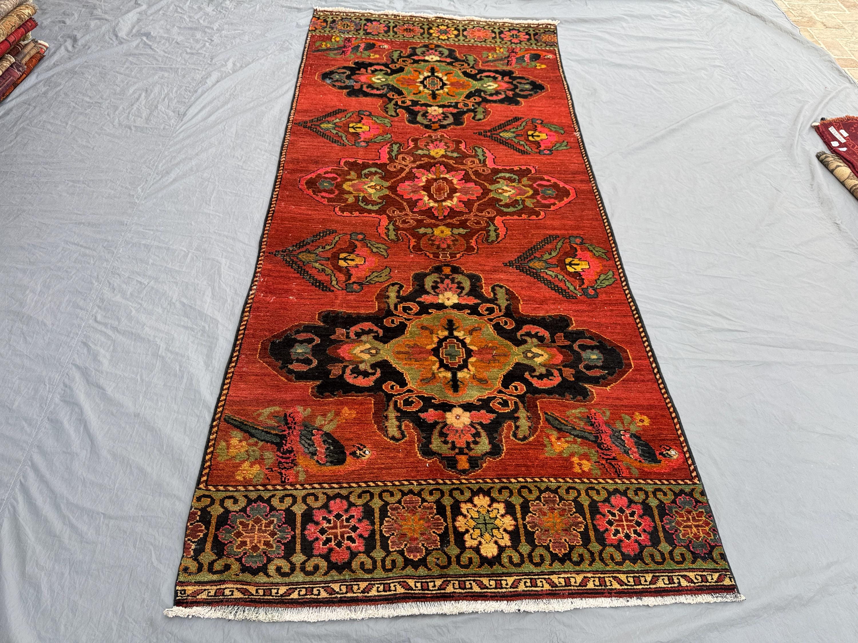 4.9 x 11.5 ft Vintage Turkish Runner | Hand-Knotted Soft Pile Caucasian Design | Rich Red & Black | One-of-a-Kind Boho Luxury Rug