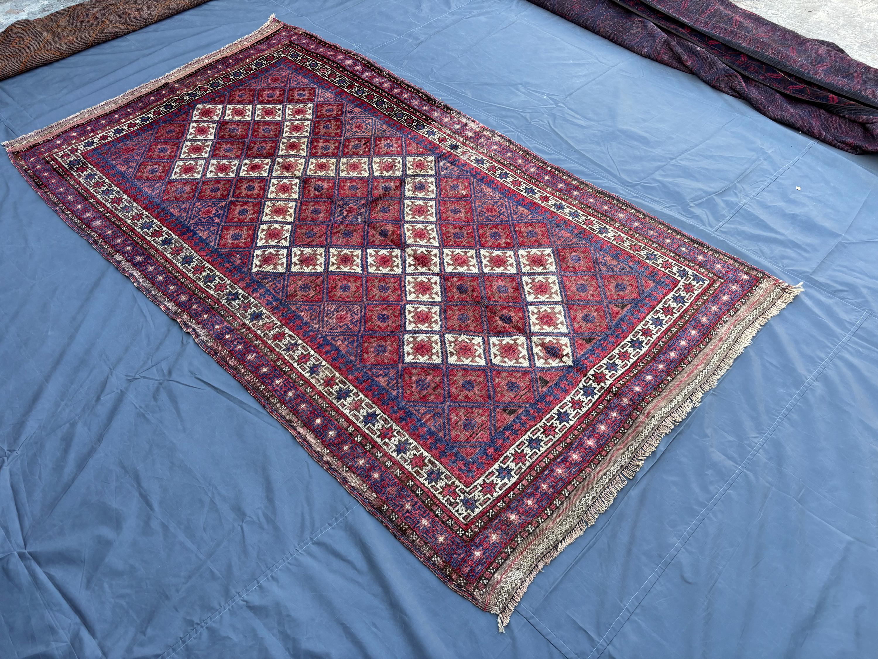 4.10x8.8 ft Vintage Afghan Hand-Knotted Baluchi Low Pile Rug, Distressed Tribal Wool Carpet, Fine Quality Rare