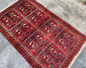 Antique Turkmen Tribal Rug 3'7x5'9 ft | Handmade Geometric Ersari Wool Rug | Caucasian Style One-of-a-Kind Area Carpet, Accent Bedroom Rug