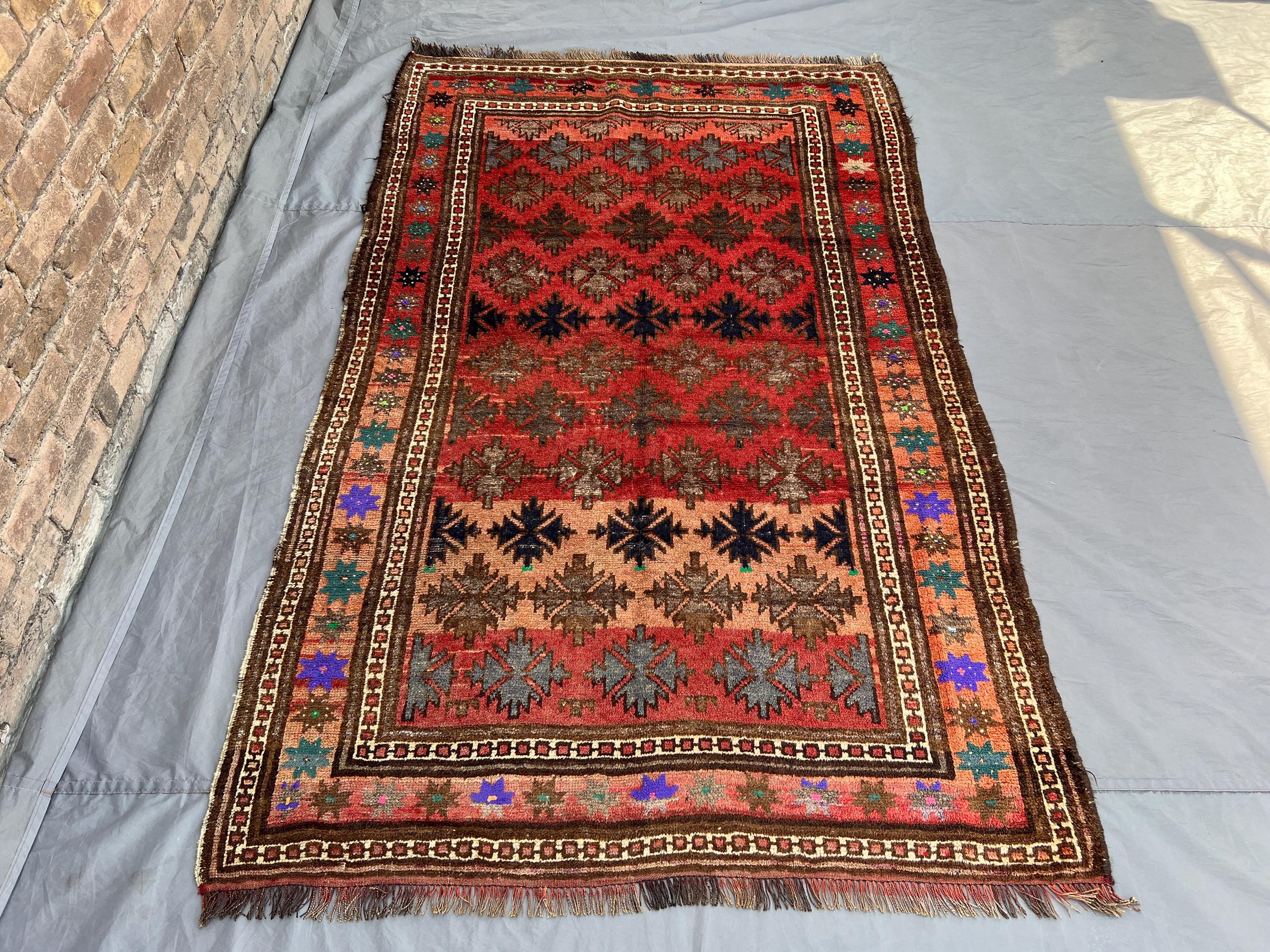 Antique Afghan Rug | 4.9x7.6 ft Hand-Knotted Wool Carpet | Rare Tribal Geometric Pattern | Bedroom Area Rug |