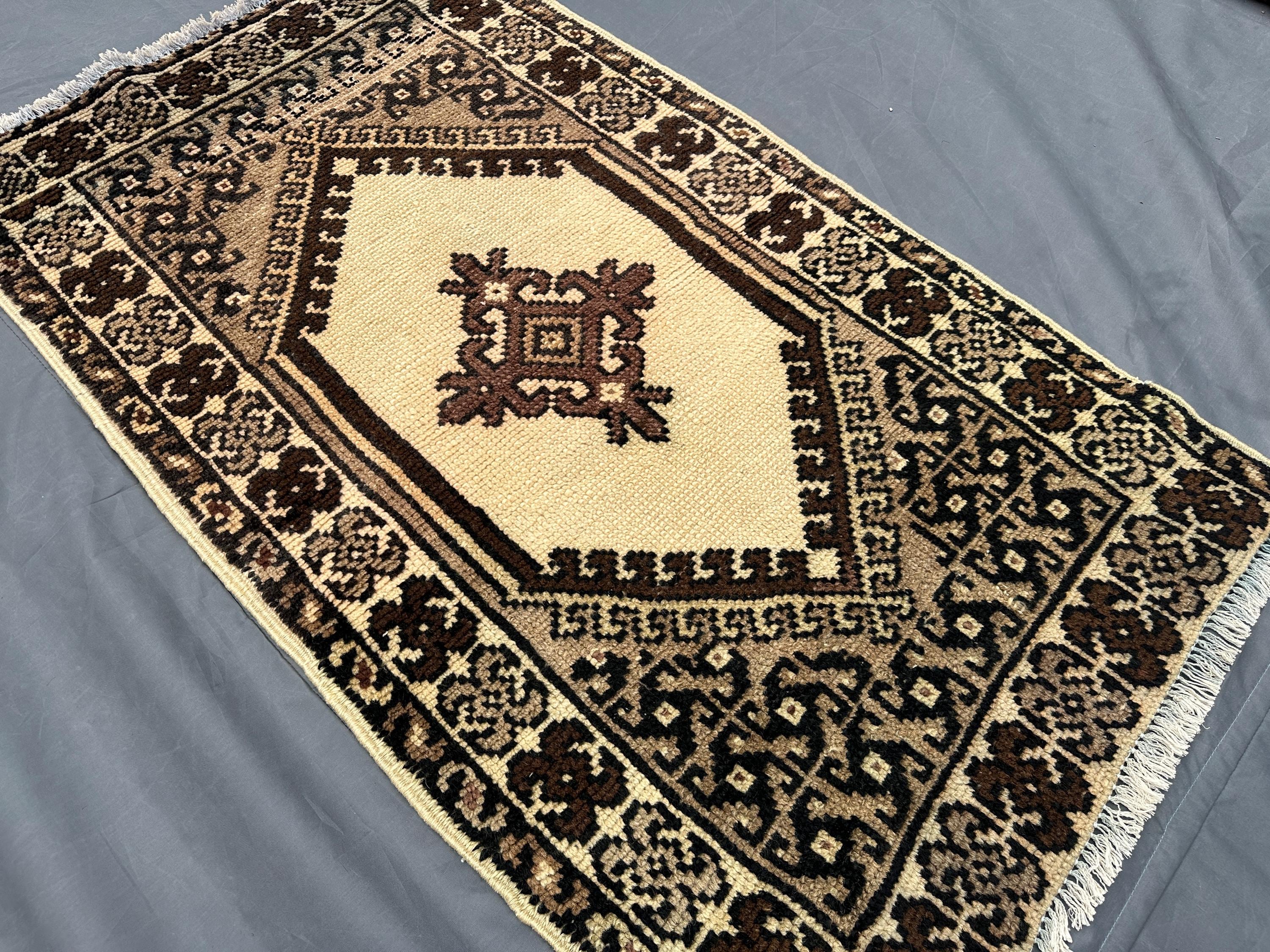 Vintage Afghan Rug | 2.1x3.7 ft Hand-Knotted Wool Accent | Cream & Brown Tribal Design | Small Geometric Rug |