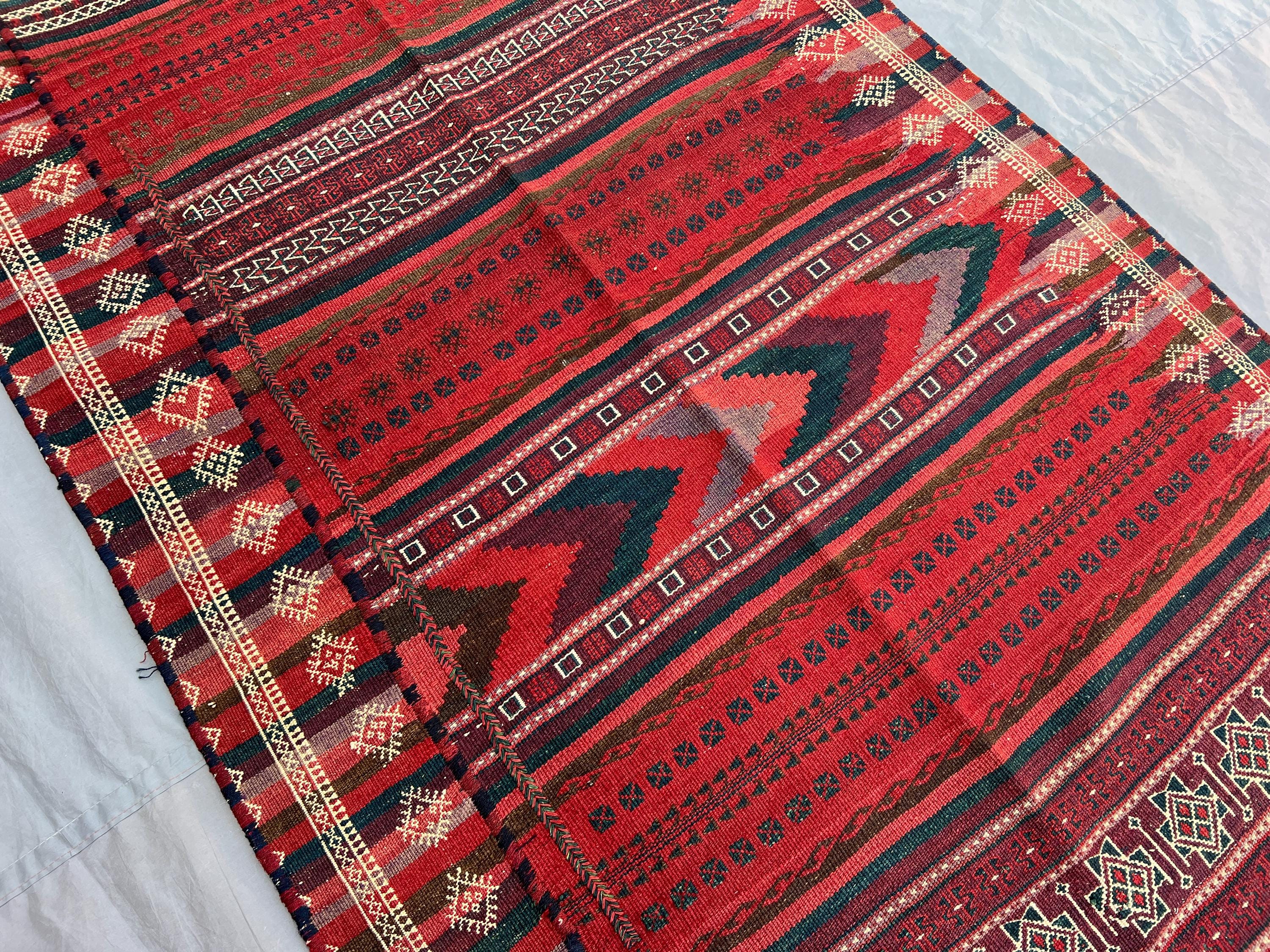 3'4x8'4 ft Vintage Afghan Kilim Runner, Handmade Flatweave Wool Rug, Long Hallway Runner Rug, Red Tribal Carpet, Boho Home Decor