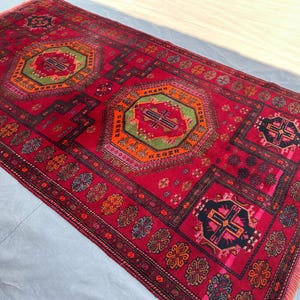 4x8 アンティーク トルコ ハンドメイド トライバル ラグ | コーカサス スタイル ウール ラグ | 幾何学模様 ヴィンテージ カーペット | ホーム デコレーション ベッドルーム ラグ、キッチン ラグ