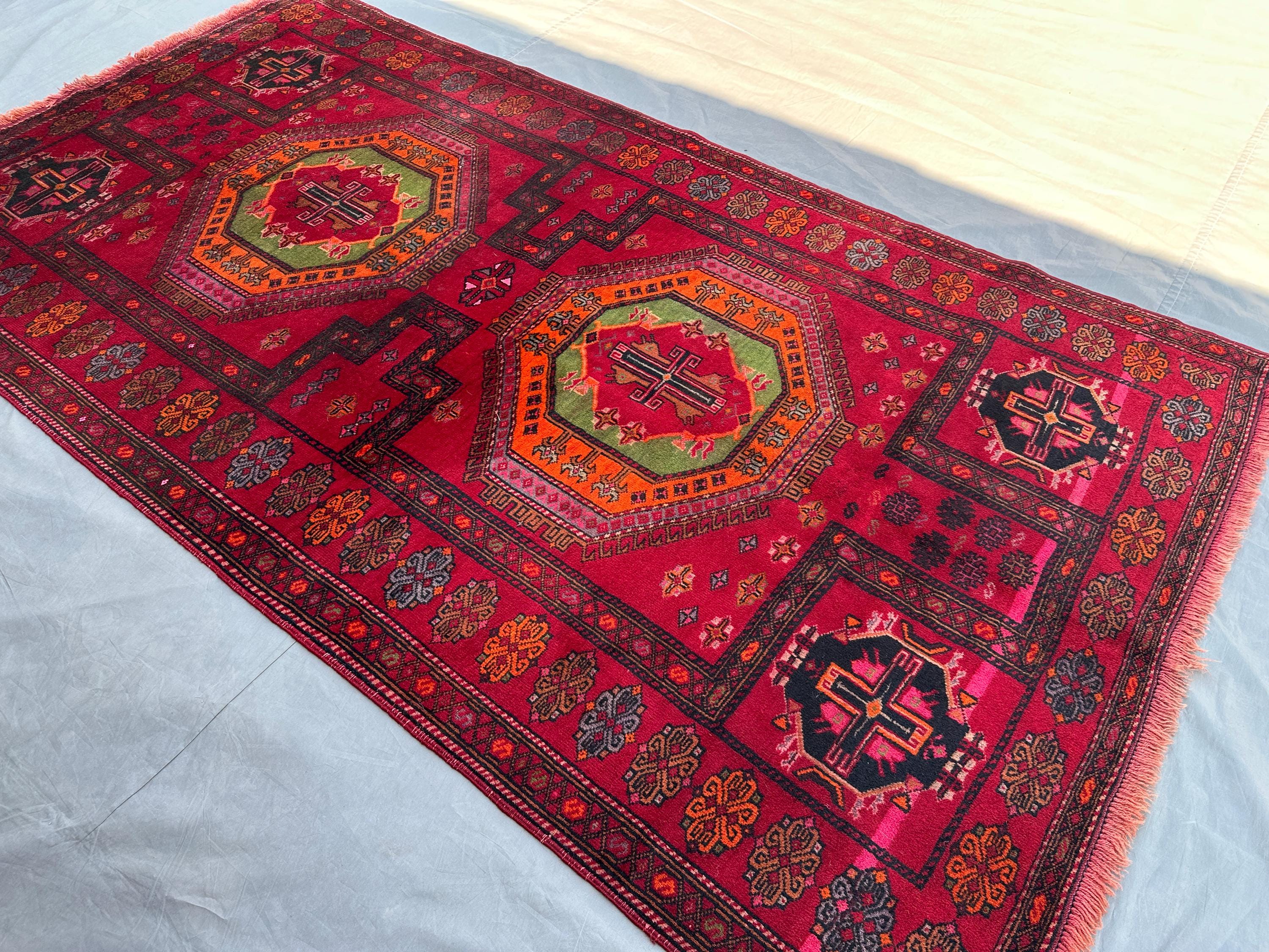 4x8 Antique Turkish Handmade Tribal Rug | Caucasian Style Wool Rug | Geometric Pattern Vintage Carpet | Home Decor Bedroom Rug, Kitchen rug