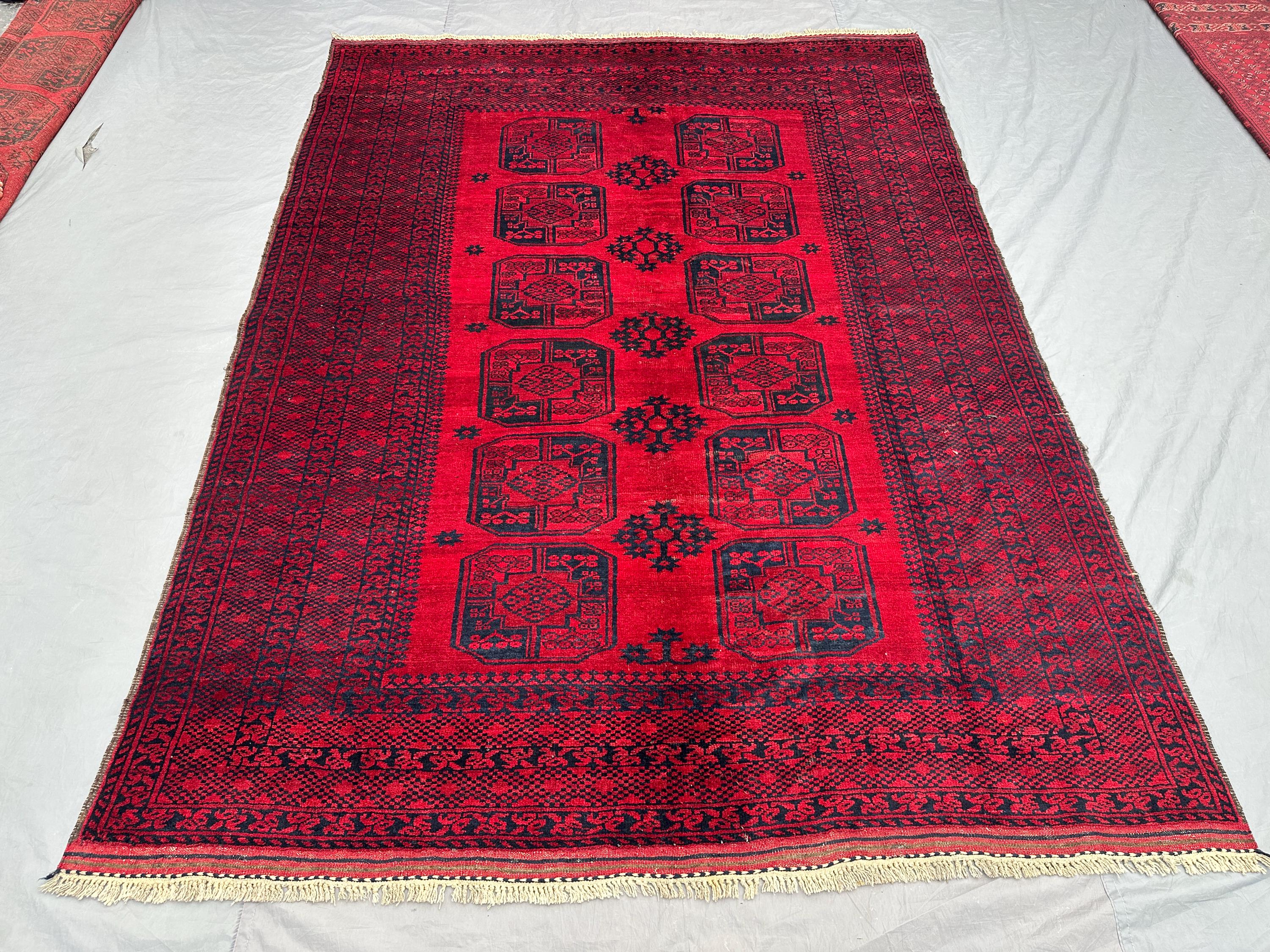 6.7 x 9.4 ft Vintage Bokhara Rug, Hand Knotted Wool Carpet, Elephant Foot Design, Soft Pile, Tribal Red Oriental Area Rug | living room rug