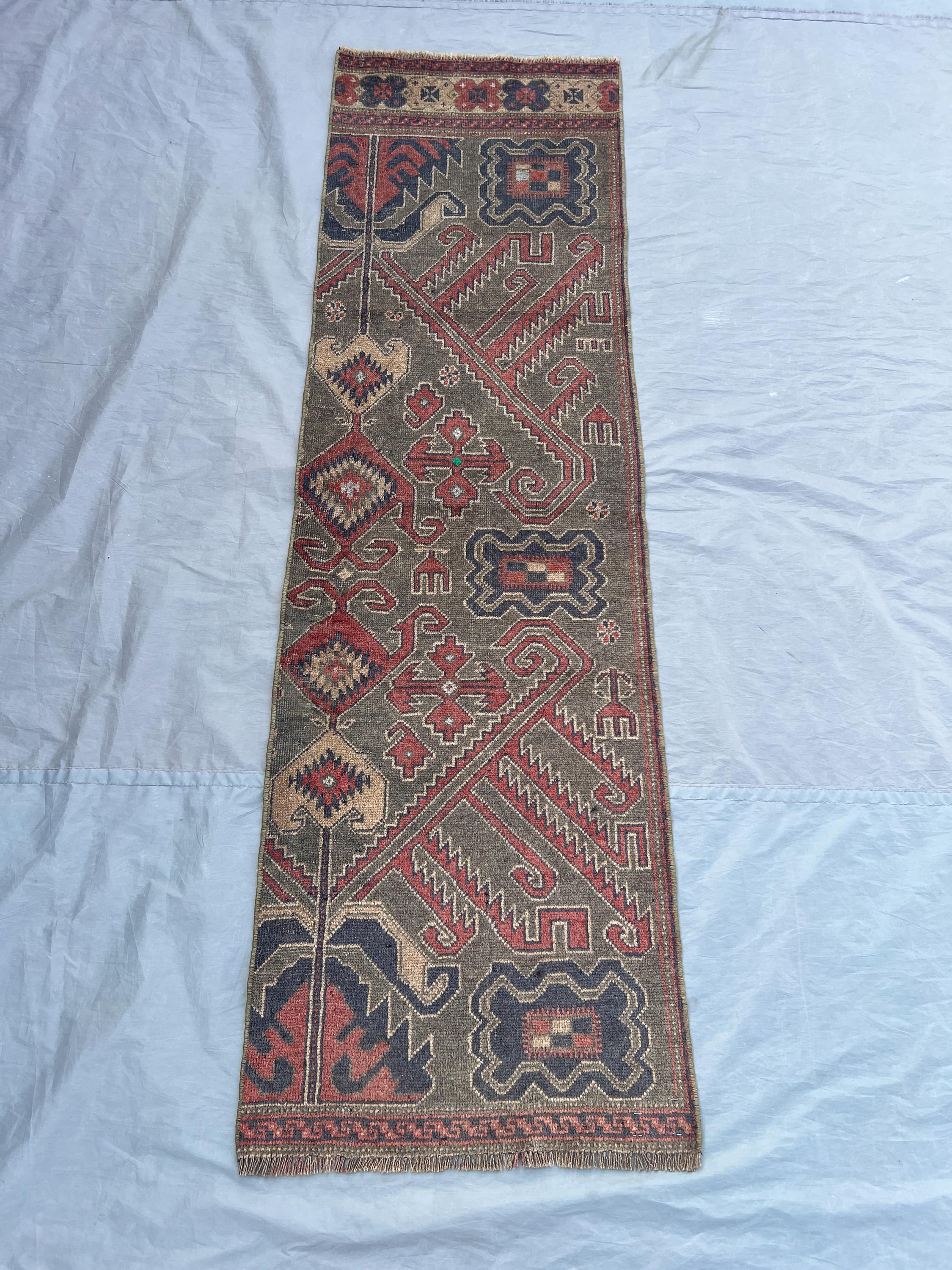 2 x 6 ft Turkish knotted vintage low pile runner rug caucasian style anatolian design rare one of a kind rug | living room & farmhouse decor