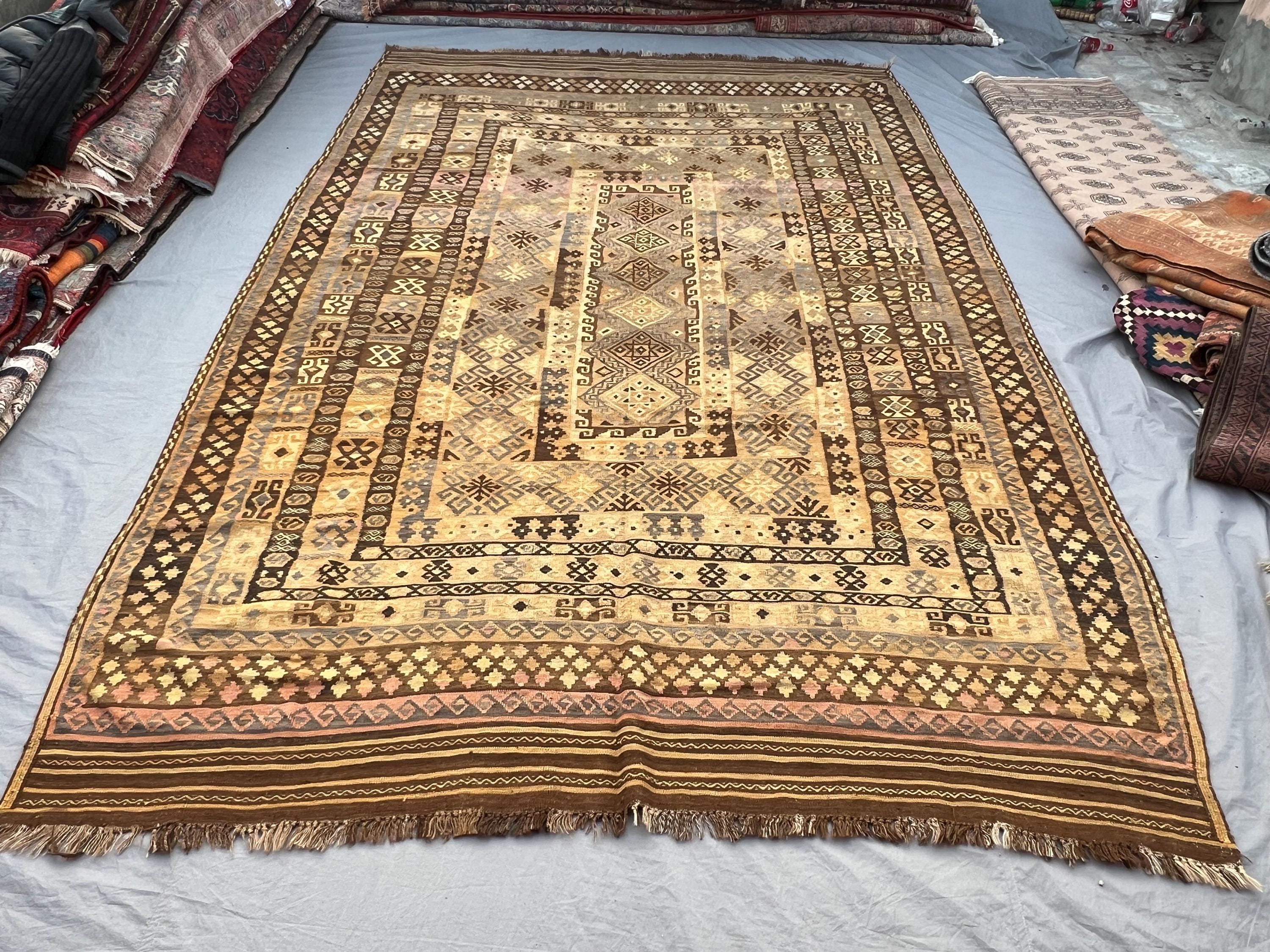 Antique Afghan Kilim Rug, Handwoven, Geometric Design, Earth Tones, 8'10" x 13'3" (269 x 404 cm), Wool Flatwea