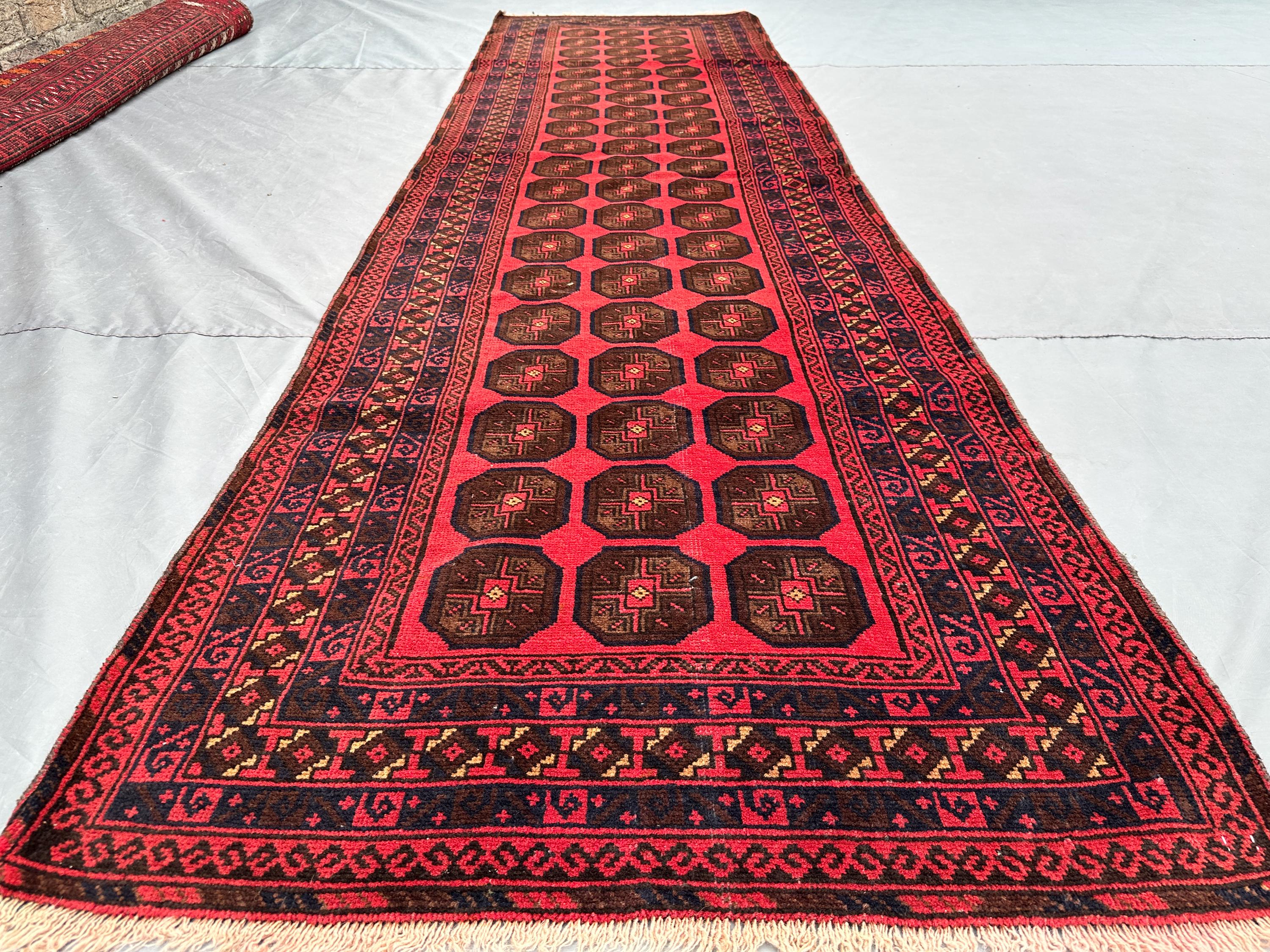 Antique Afghan Baluchi Runner, 3x10 Red Wool Tribal Rug | Hand Knotted Turkmen Hallway Carpet | Vintage Long Wool Rug, Oriental Corridor Rug