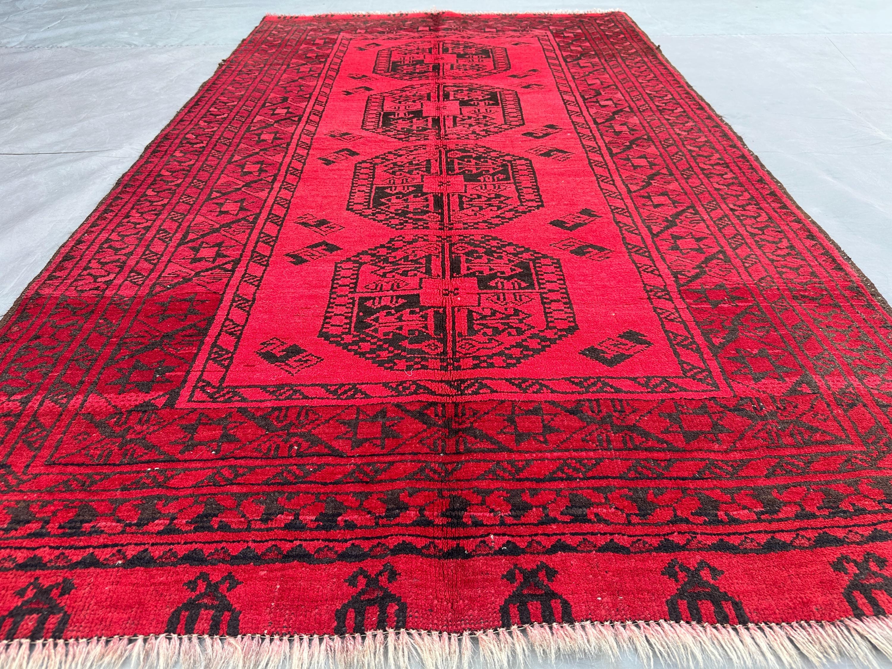 3'7x6'3 ft Antique Turkmen Tribal Rug | Hand Knotted Afghan Wool Carpet | Elephant Foot Design | Geometric Pattern, Oriental Kitchen Decor
