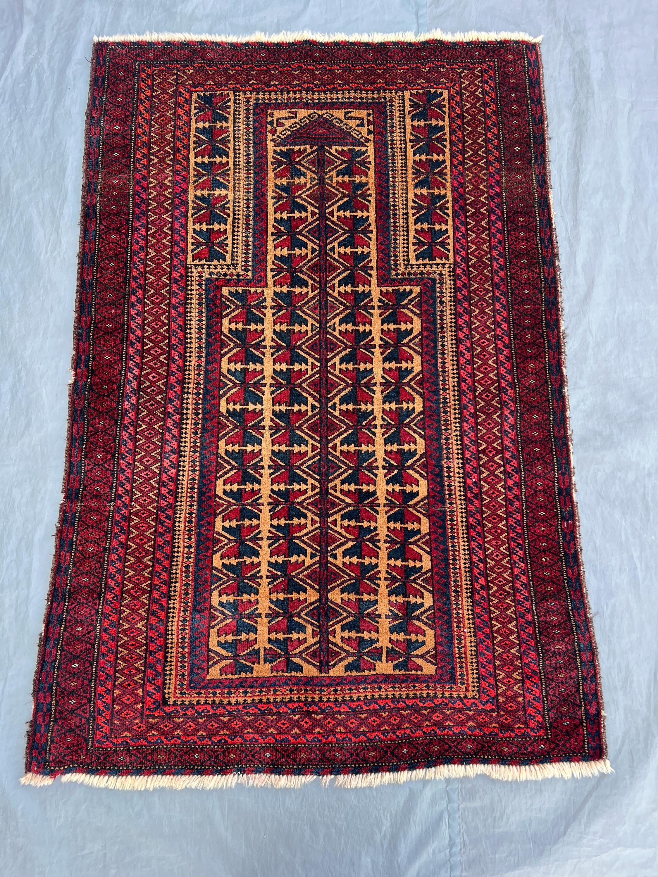 Red 2'11x4'6 ft Vintage Afghan Kilim Flatweave Tribal Geometric Rug, Unique Mihrab Design, Handmade Wool Praye