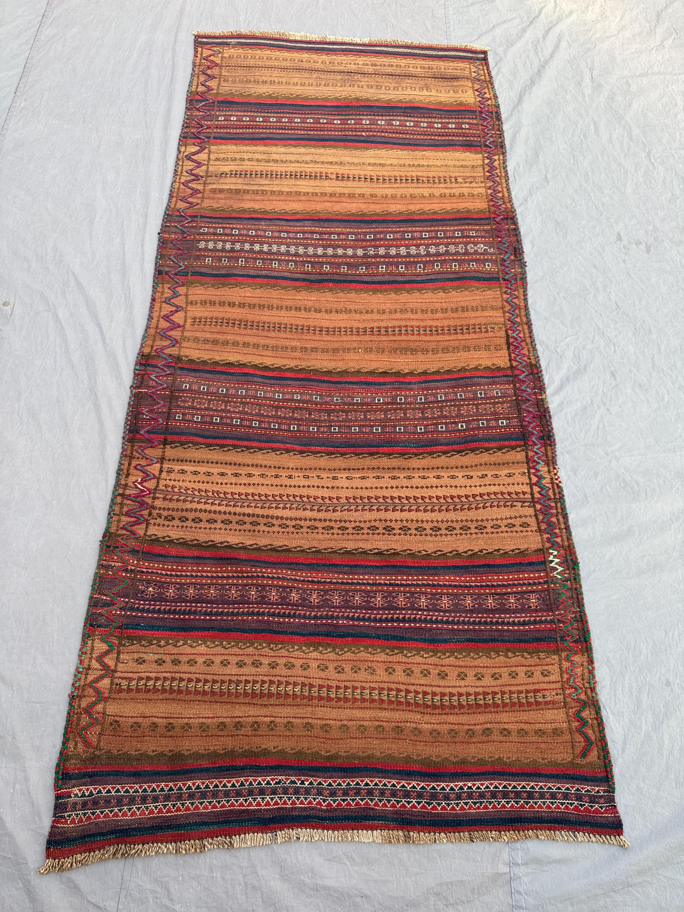 3'5 x 8 ft Antique Afghan Baluchi Kilim No Pile Flat Weave Hand Knotted Rug Vintage Tribal Nomadic One Of A Kind Hallway Entryway Decor