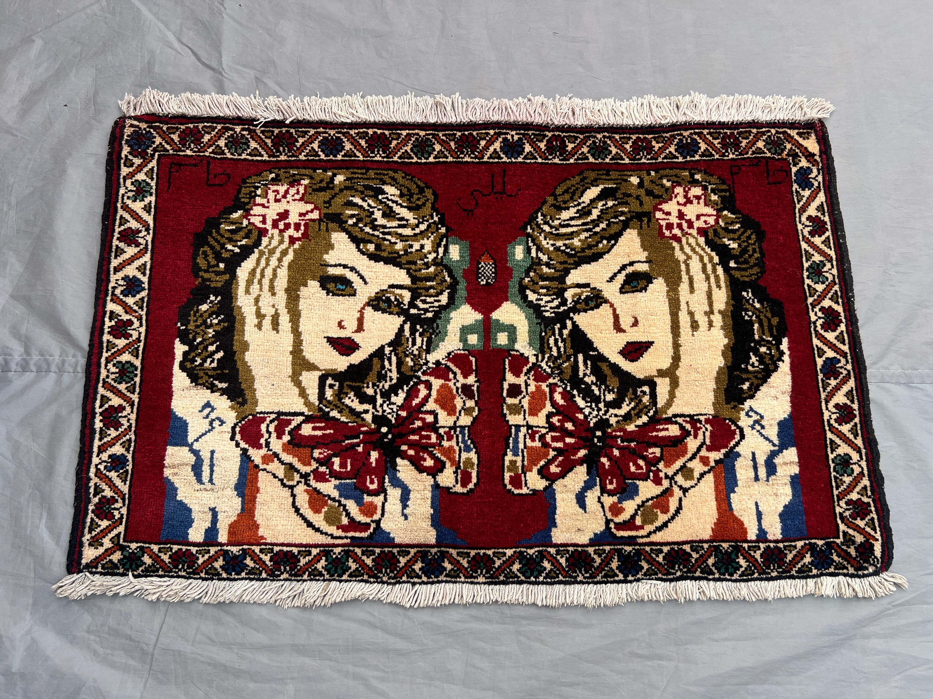 2x3.2 ft Afghan Pictorial Women Rug | Vintage & Antique Hand-Knotted Afghan Rug | Tribal Art Design | Red, Blu
