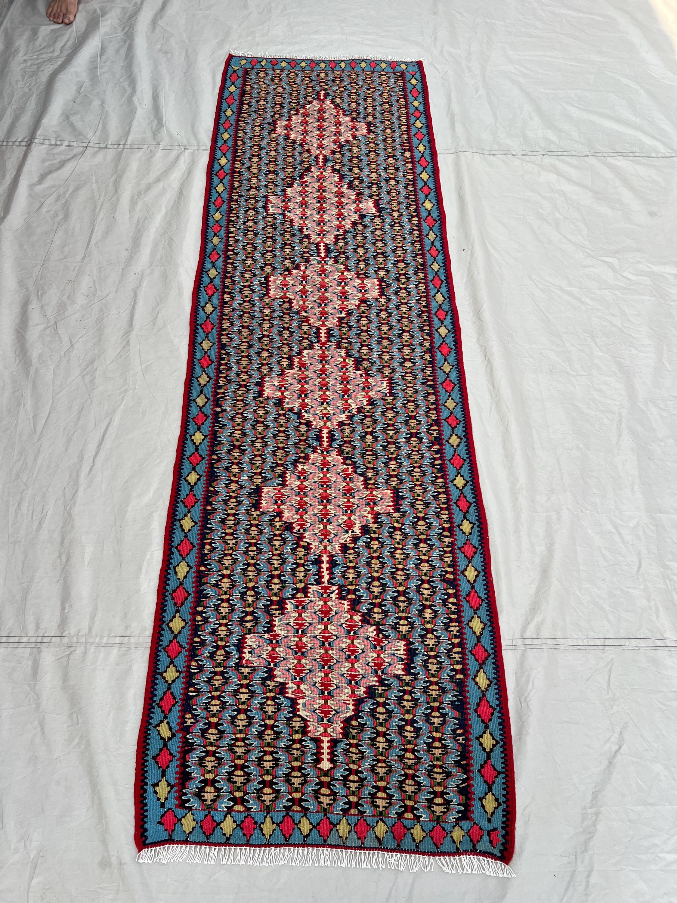 2'3x7'6 Ft Vintage Afghan Senneh Kilim Runner Flatweave | Navy Sky Blue Pink Medallion Chain | Handwoven Wool