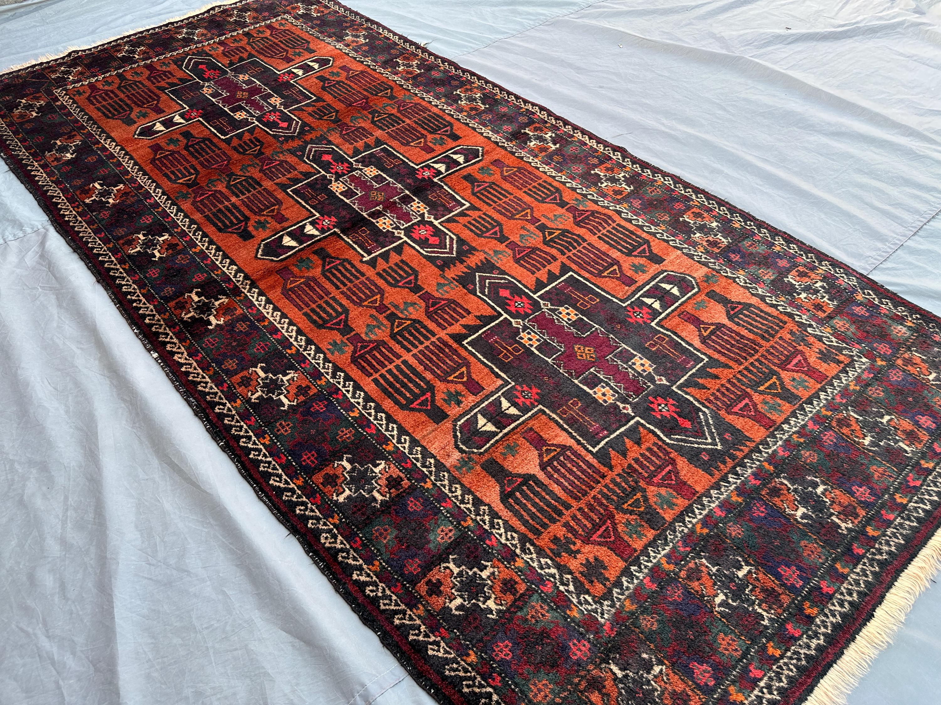 Antique Afghan Baluchi Rug 4'4x9'1 Hand Knotted Tribal Wool Carpet | Nomadic Pattern | Vintage Hallway Rug Out