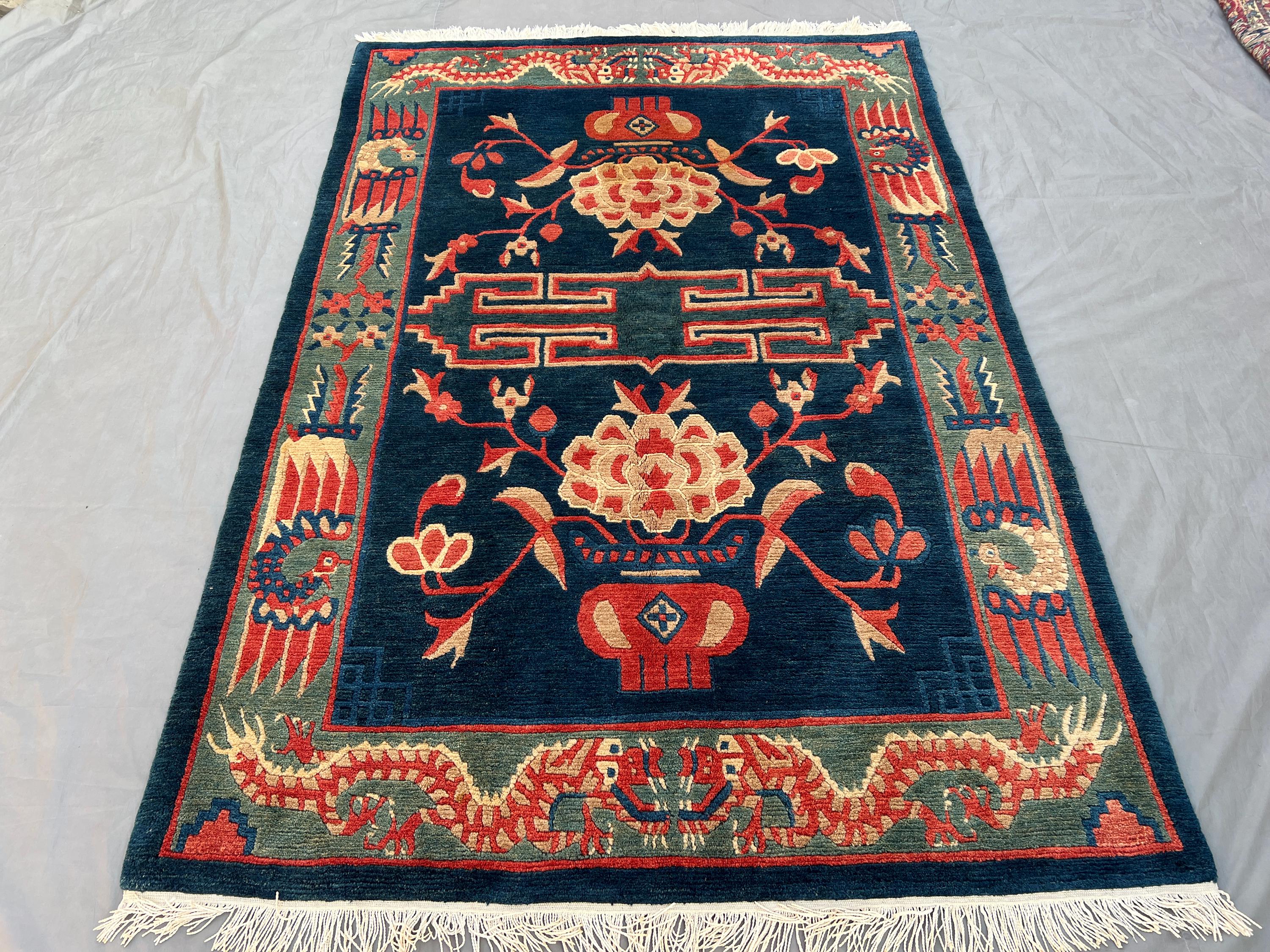 5'7x8'3 ft Antique Pictorial Dragon Rug, Hand Knotted Tribal Wool Rug, Caucasian Style Hunting Carpet | Moroccan Decor Area Rug, Bedroom Rug