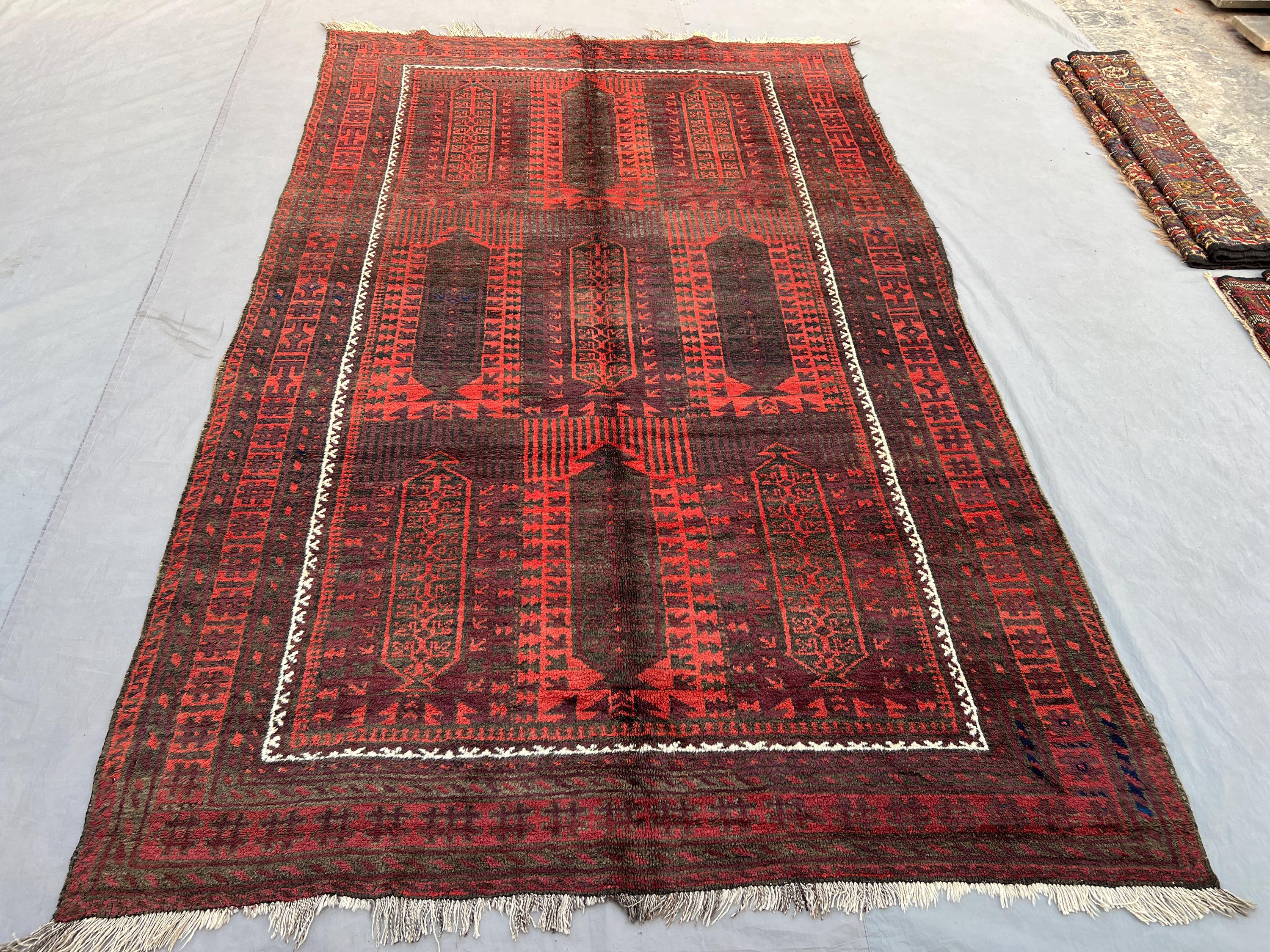 5'10x9'4 Ft Vintage Afghan Hand Knotted Pile Prayer Rug | Dark Brown Red Multi Niche Arch Column Tribal Wool Rug | Living Room, Collector