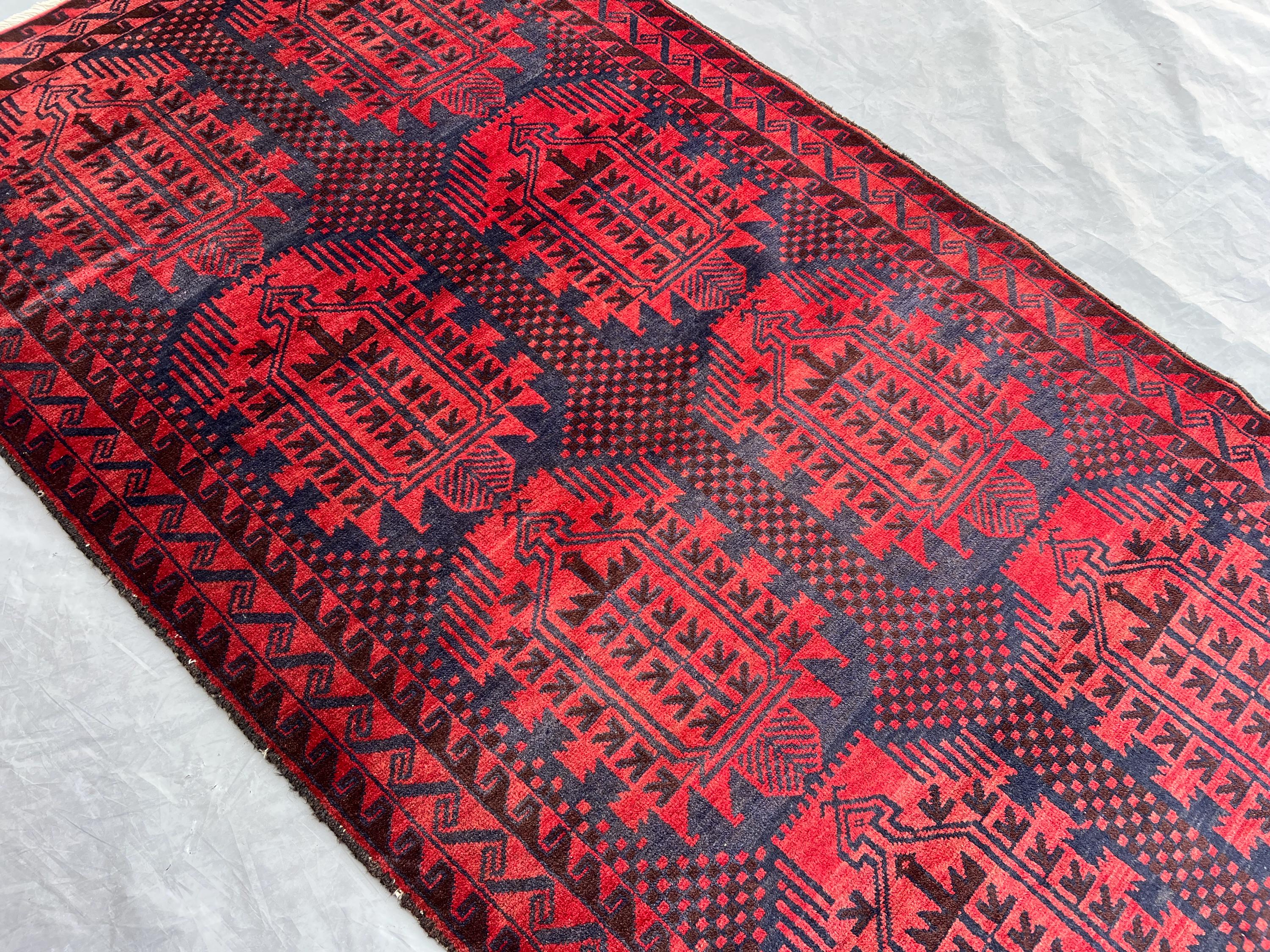 Antique Afghan Rug 3.6x6.5 ft | Hand Knotted Wool Qalamdani Design | Red Black Tribal Carpet | Vintage Orienta