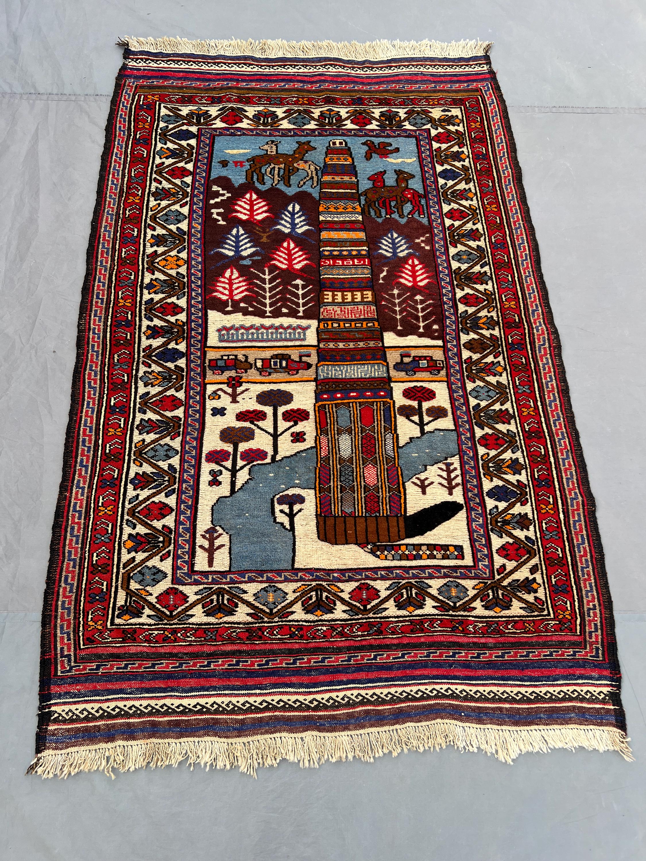 Vintage Afghan Pictorial Rug 4x6, Hand Knotted Tribal Wool Area Rug, Tower Scene Wall Decor, Colorful Boho Liv