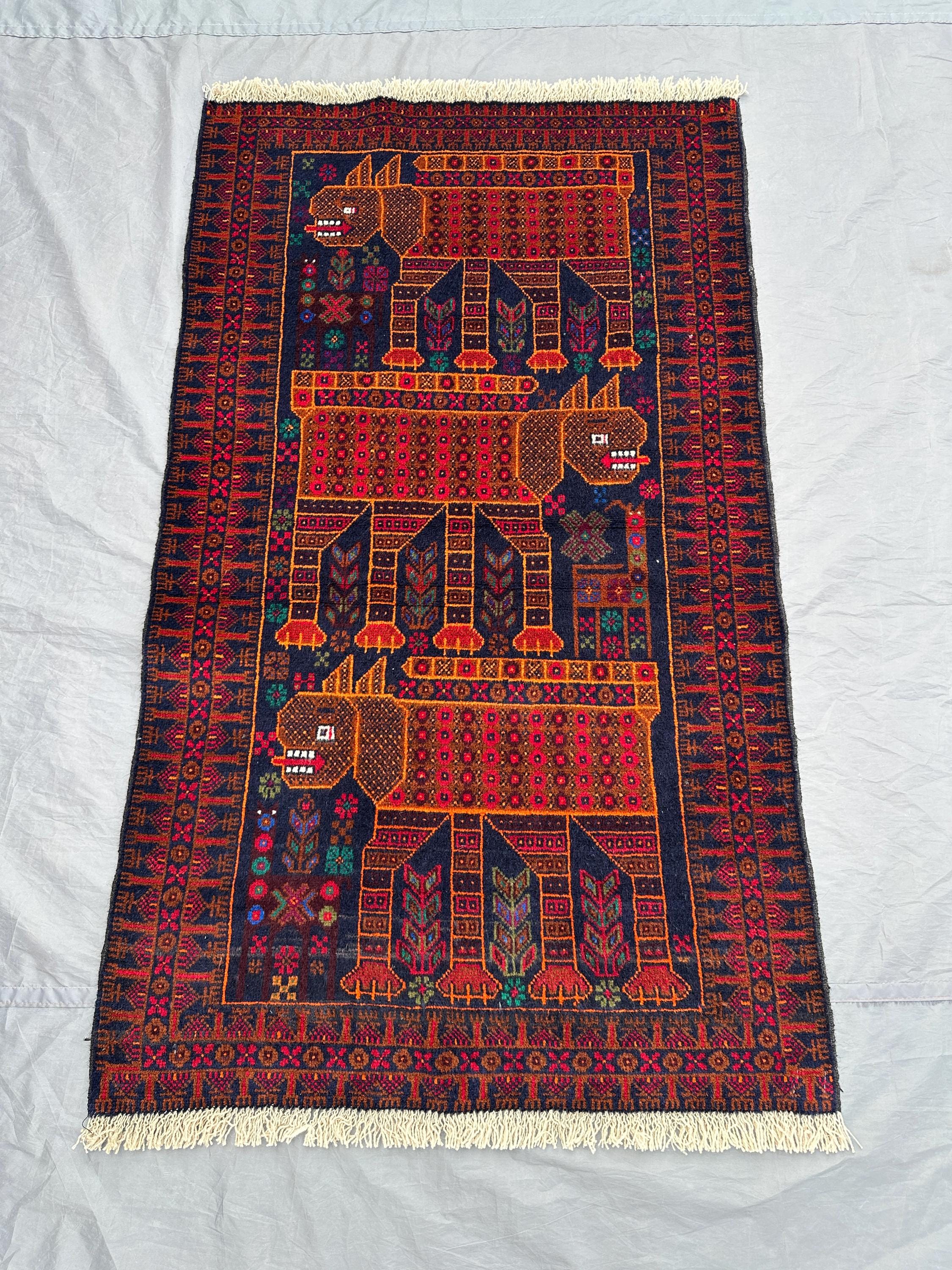 3x5 Afghan Tribal Pictorial Rug | Hand Knotted Wool Carpet | Animal Lion Design, Geometric Style | Vintage Wool Area Rug, Boho Wall Decor