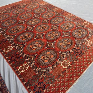 Vintage Turkmen Bukhara Rug 5&#39;9x8&#39;3 ft Handmade Afghan Wool Carpet | 1980s Tribal Tekke Design | Nomadic Boho Area Rug | Oriental Decor