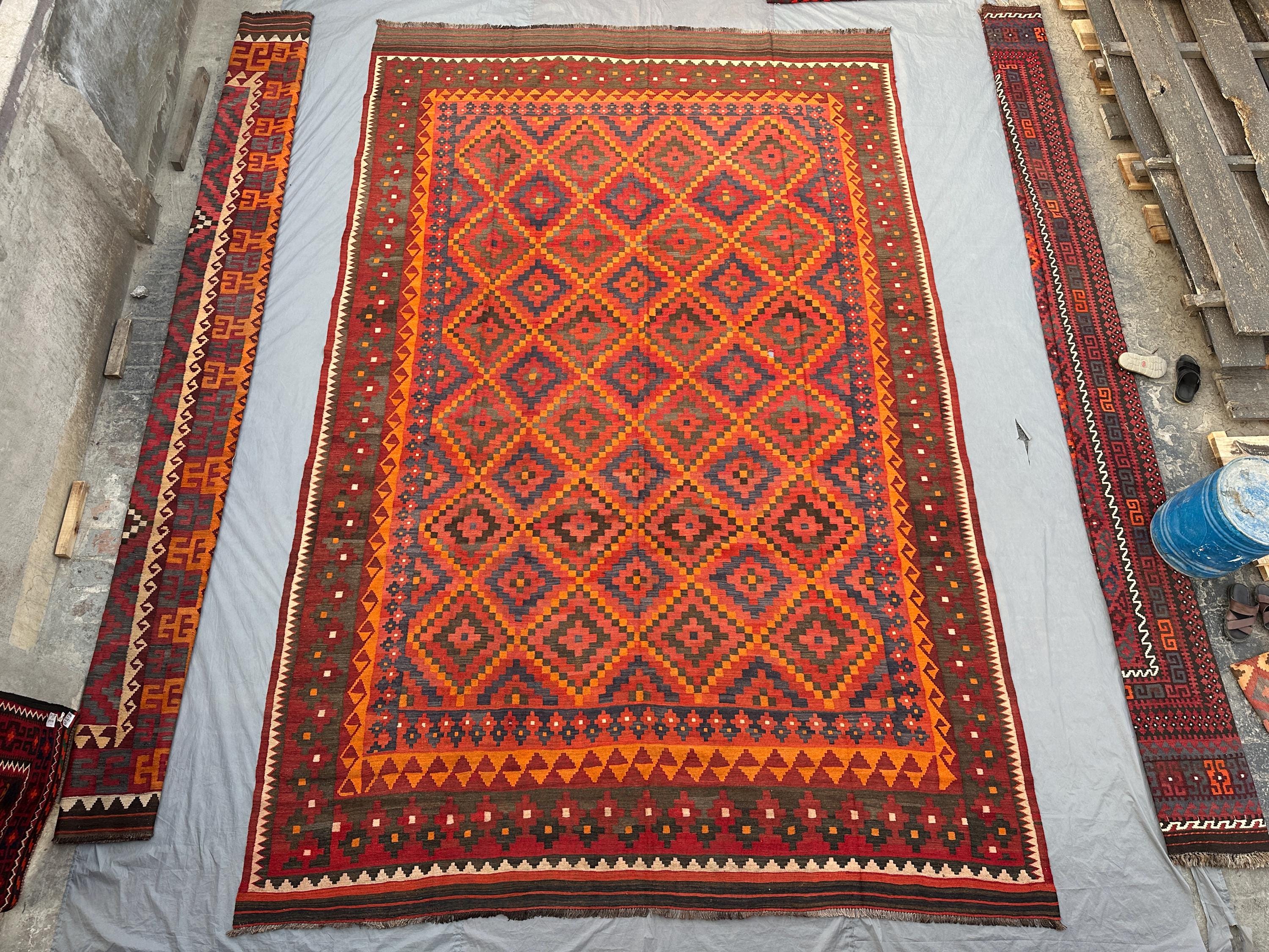 10x16 Antique Kilim Rug, Handwoven Flat Weave Carpet, Oversized Orange Geometric Carpet | Oriental Area Rug, Palace Baho Style Vintage Decor