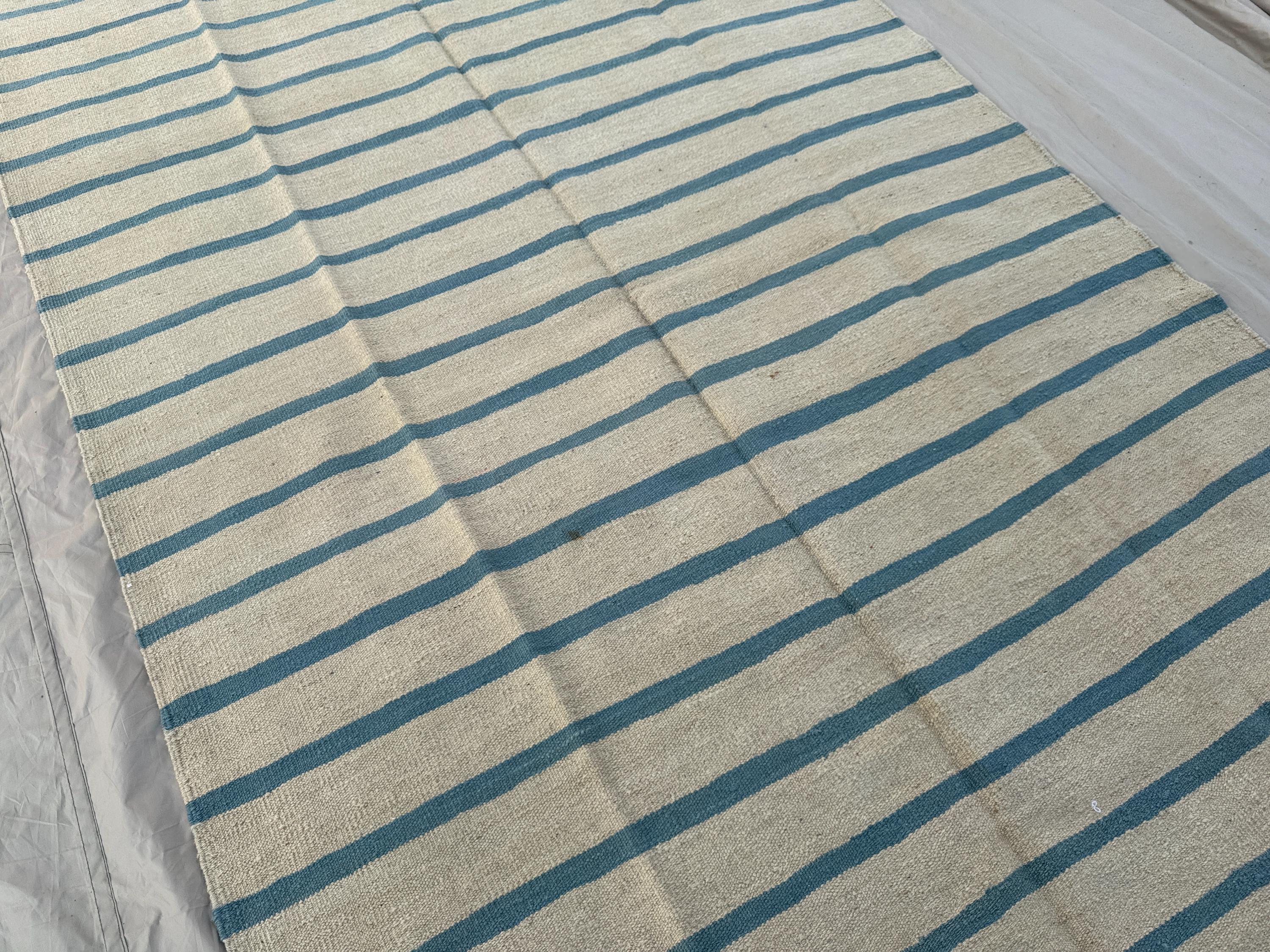 Handmade Striped Wool Rug, 5.3x8.4 ft, Blue and Beige, Minimalist Design, Modern Area Rug, Handwoven Wool, Soft Floor Rug, Bedroom rug