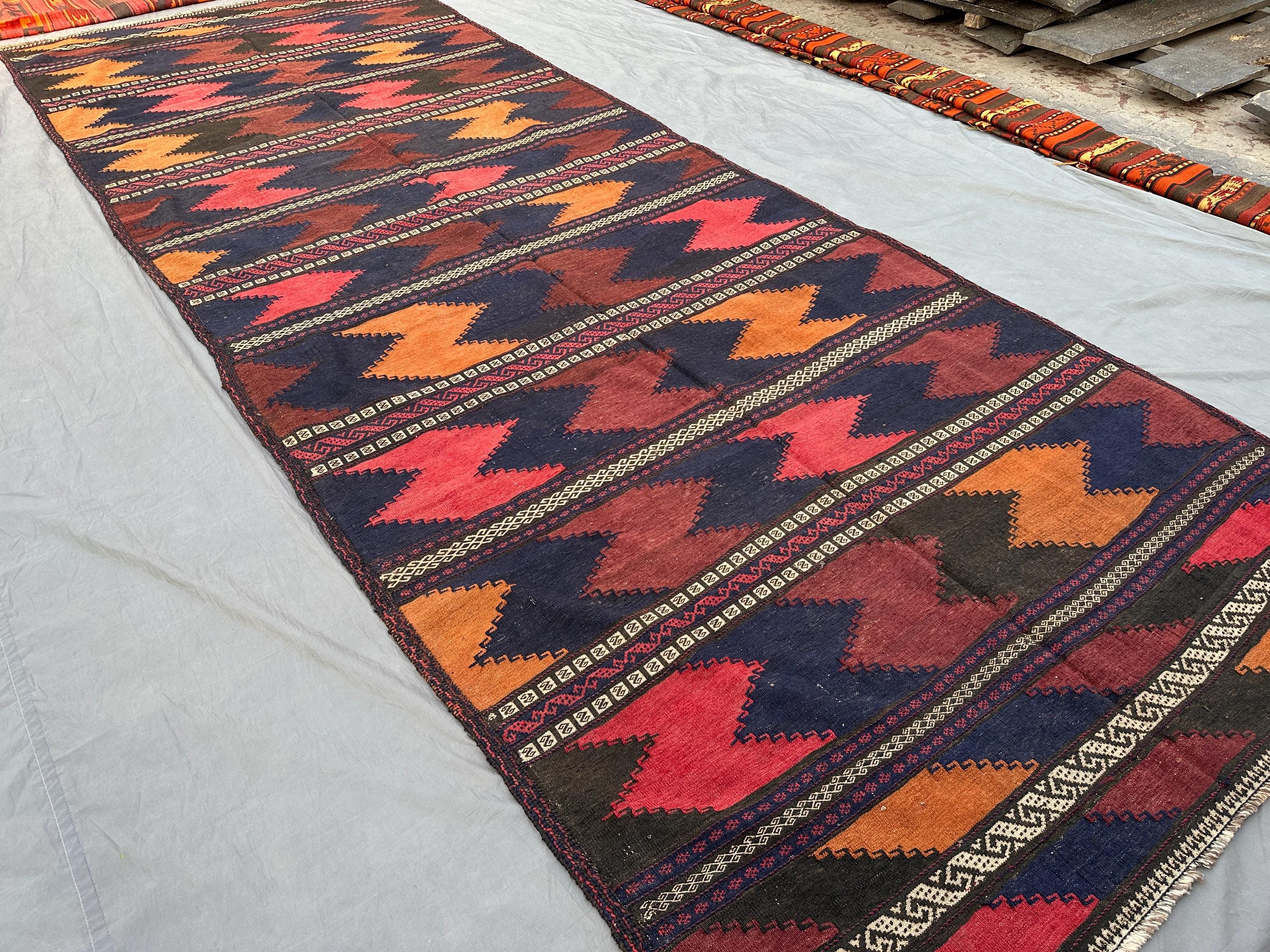 5x13.8 ft Vintage Afghan Kilim Rug, Hand Woven Flat Weave Wool Runner | Tribal Chevron Geometric Long Hallway Rug Boho Oriental Rug Decor