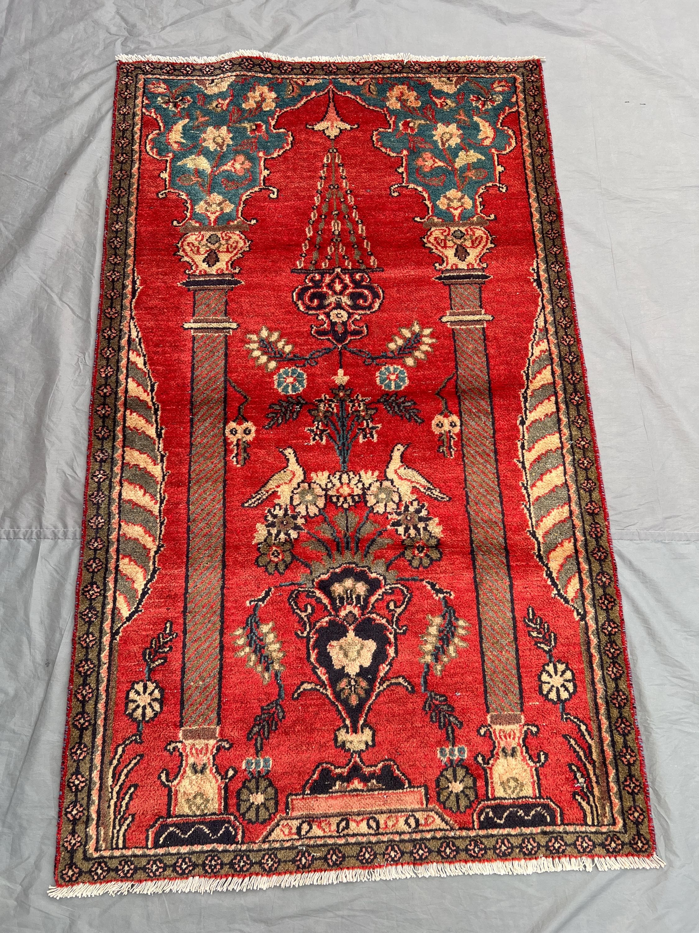 Vintage Afghan Rug 3x5 ft | Hand Knotted Floral Column Design | Oriental Wool Accent | Tribal Nomadic Home Dec