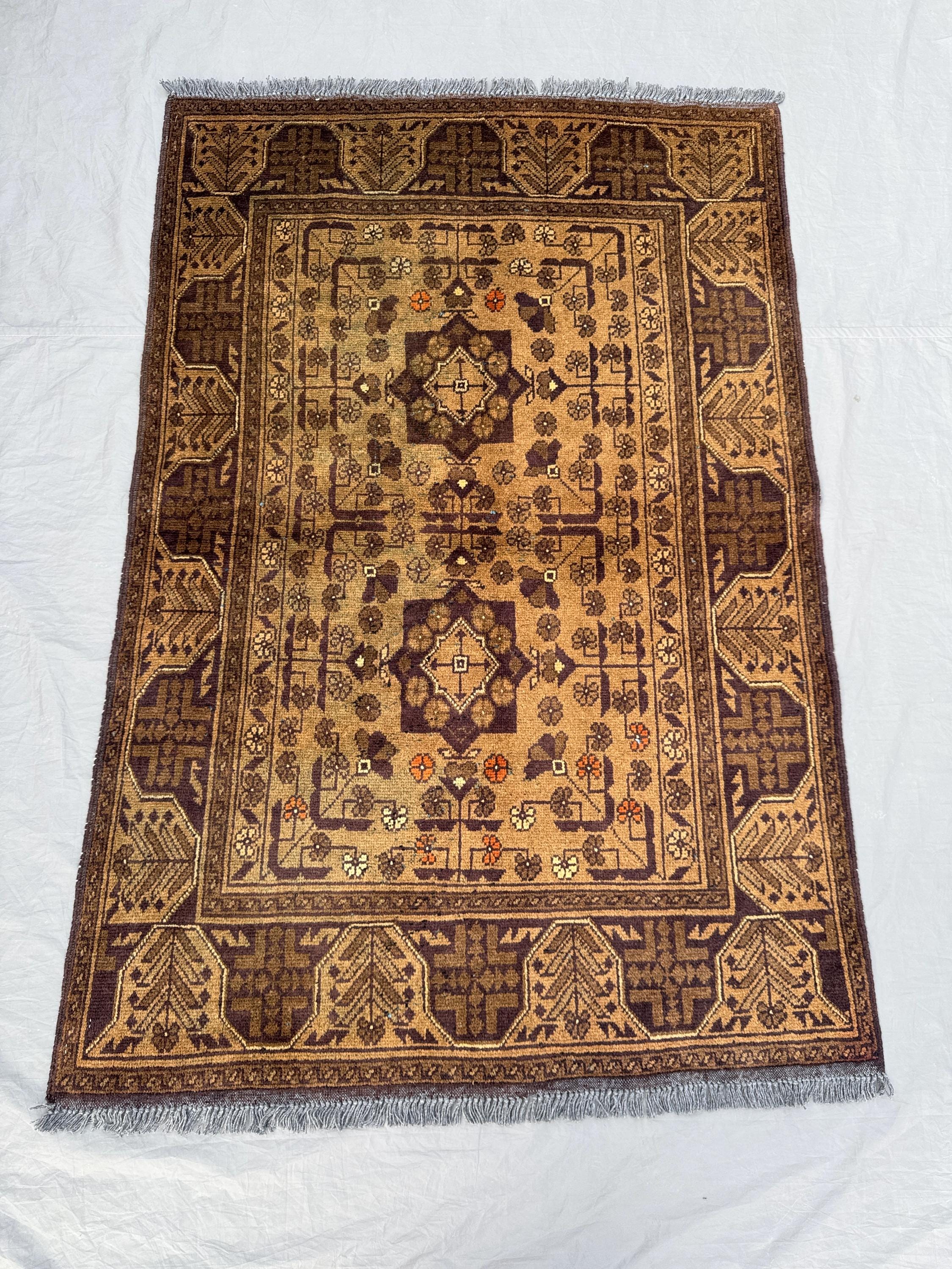 3 x 5 ft Afghan Hand Knotted Vintage Soft Pile Unique Terracotta Color Faded Turkoman Ersari Design Small Area Rug | Living room rug