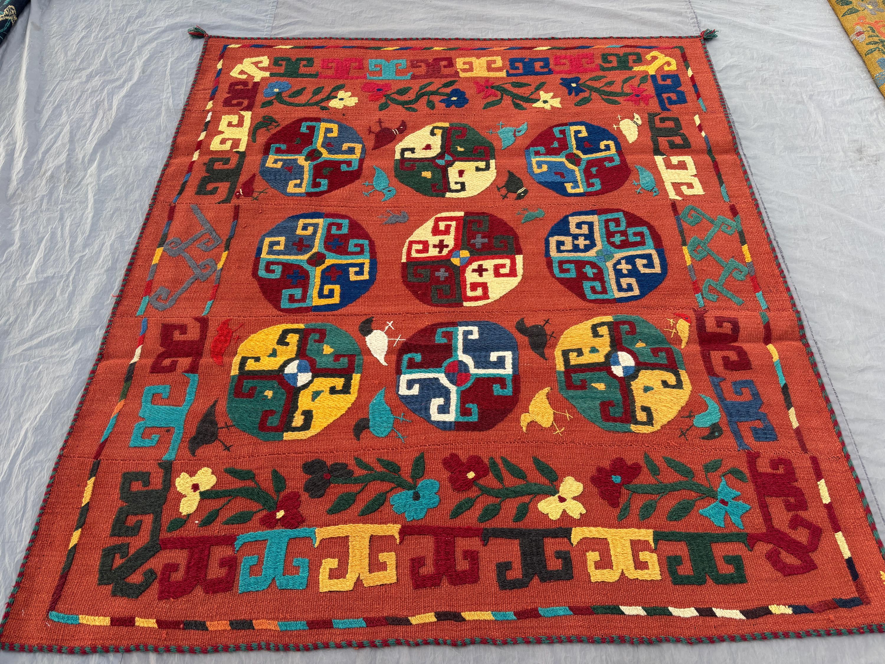 5 x 6 Ft Afghan Hand-Woven Vintage Flat Weave Kilim One of a Kind Luxury Home Decor Patchwork Suzani Design Birds and Geometric Motifs