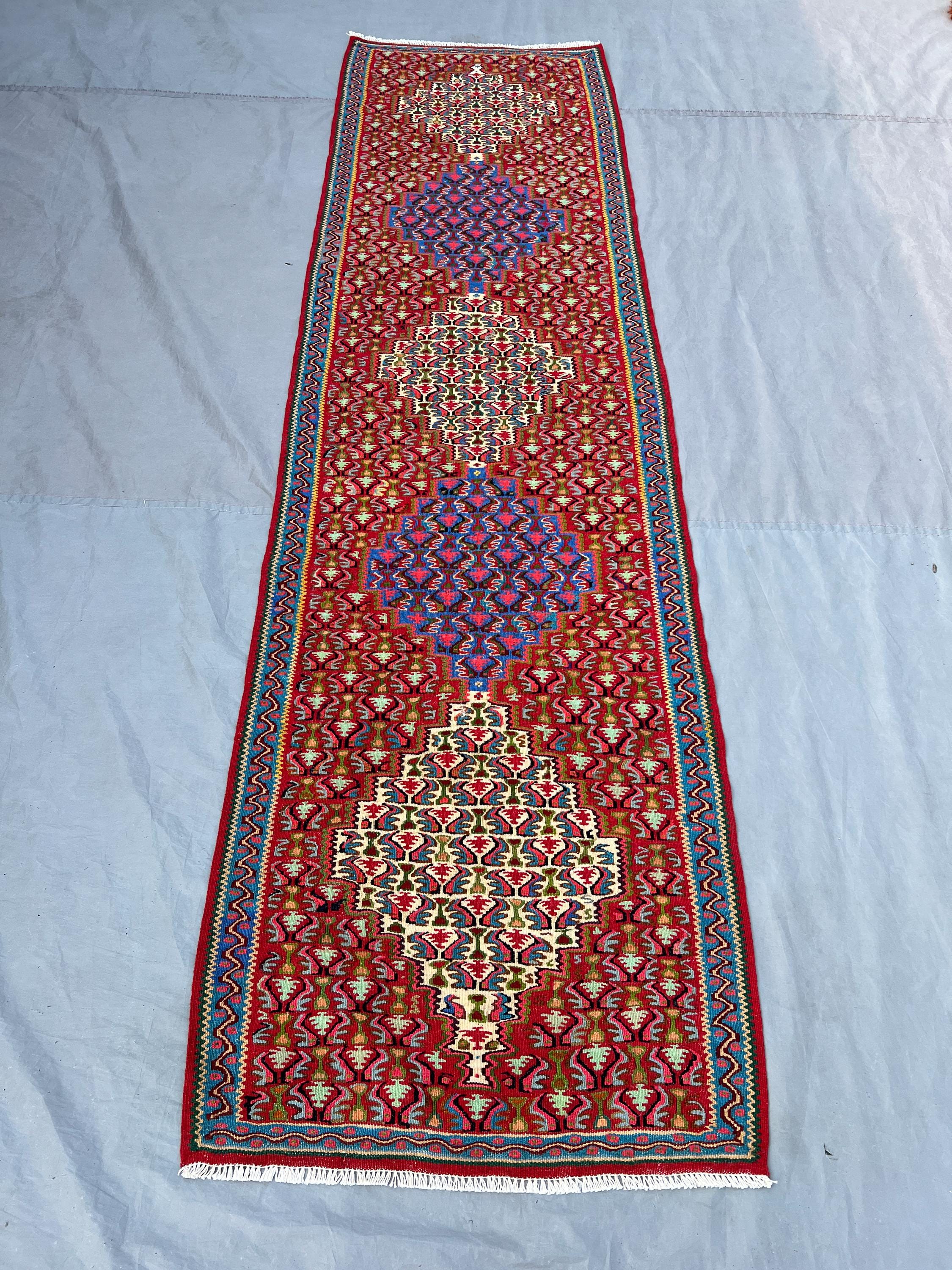 2'7x9'3 ft Vintage Afghan Kilim Runner, Handmade Flatweave Wool Rug, Long Hallway Runner Rug, Floral Medallion Carpet, Boho Home Decor