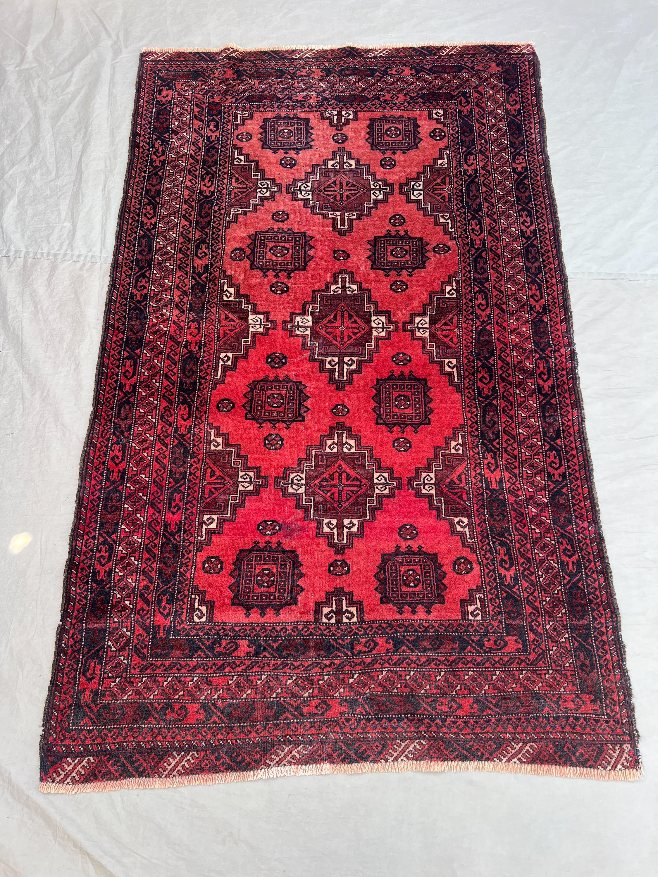 3'7x6 Vintage Afghan Hand Knotted Wool Pile Rug Bold Red Black Geometric Square Medallion All-Over Pattern | Living Room Bedroom Accent Rug