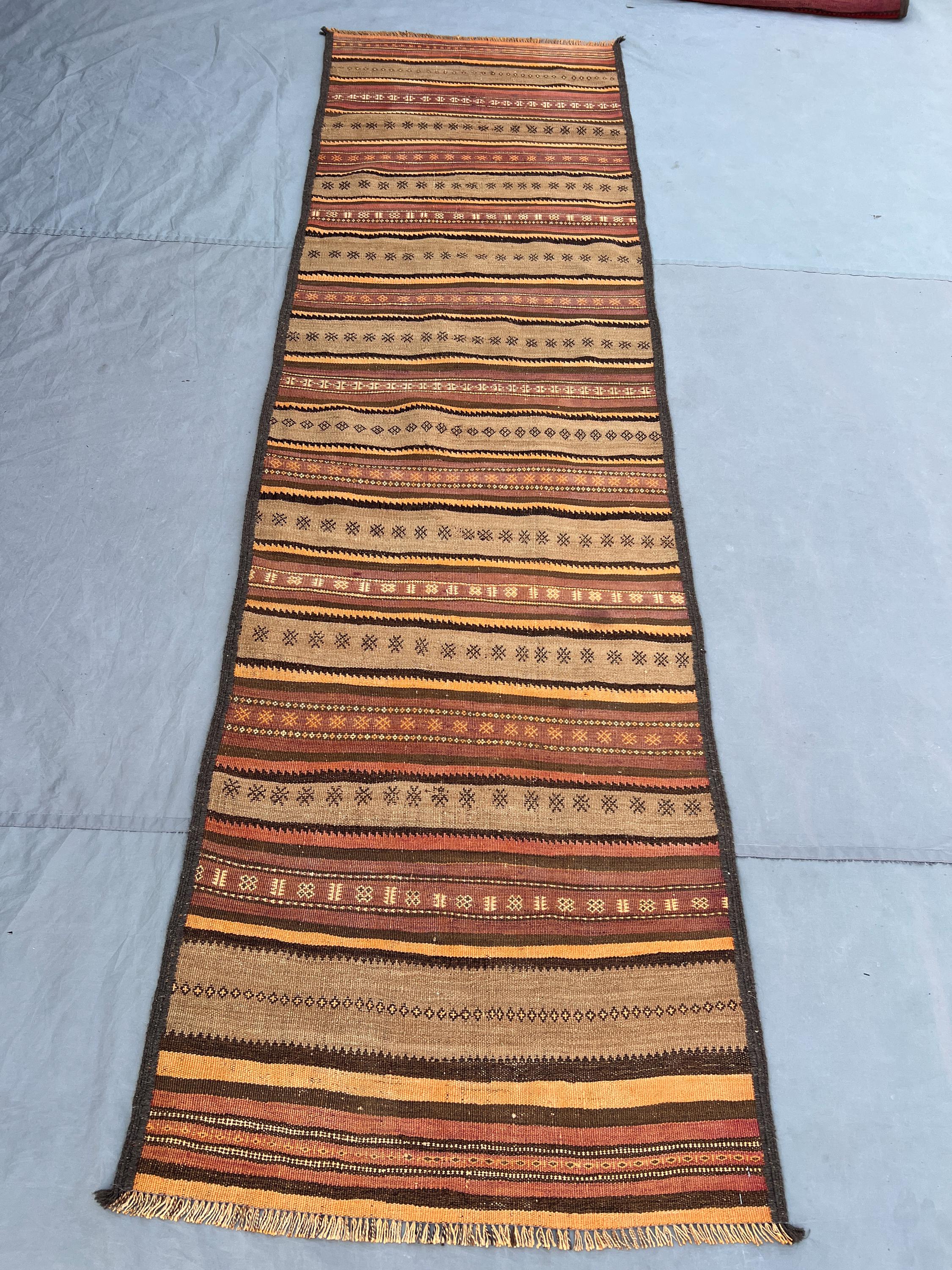 2'7x9'7 Ft Vintage Afghan Flat Woven Wool Kilim Runner Earthy Camel Tan Orange Brown Stripe Star Geometric Tribal Boho Hallway Long Carpet